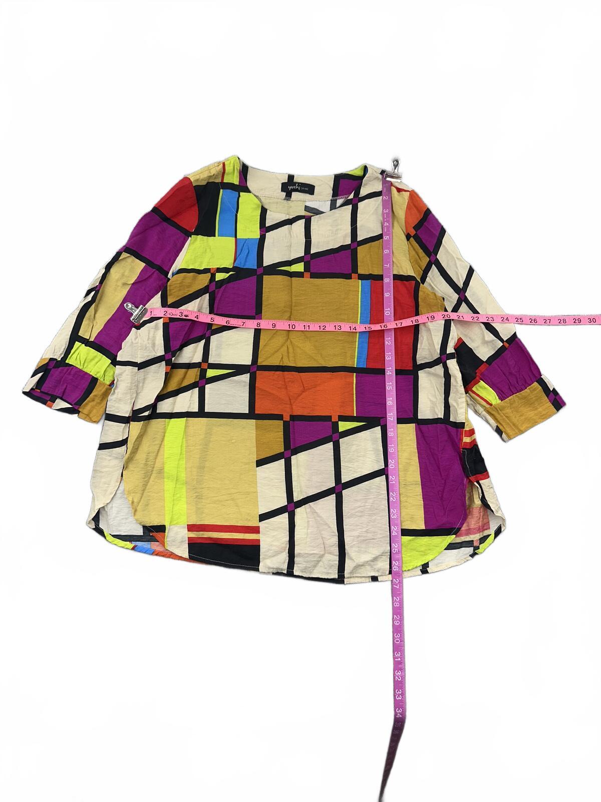 Yushi Multicolor Abstract Geometric Patchwork Top with 3/4 Sleeves Y2K Retro