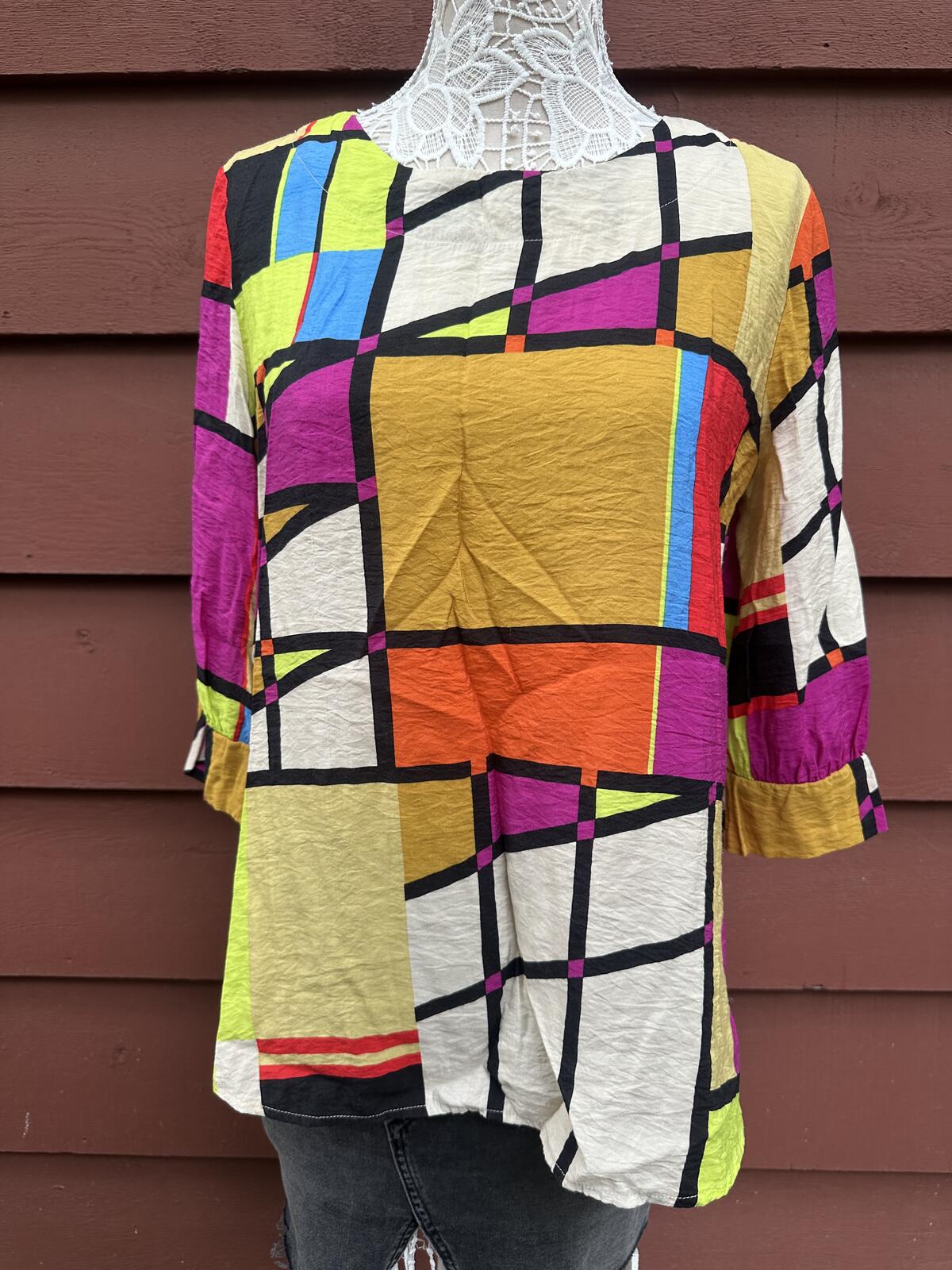 Yushi Multicolor Abstract Geometric Patchwork Top with 3/4 Sleeves Y2K Retro