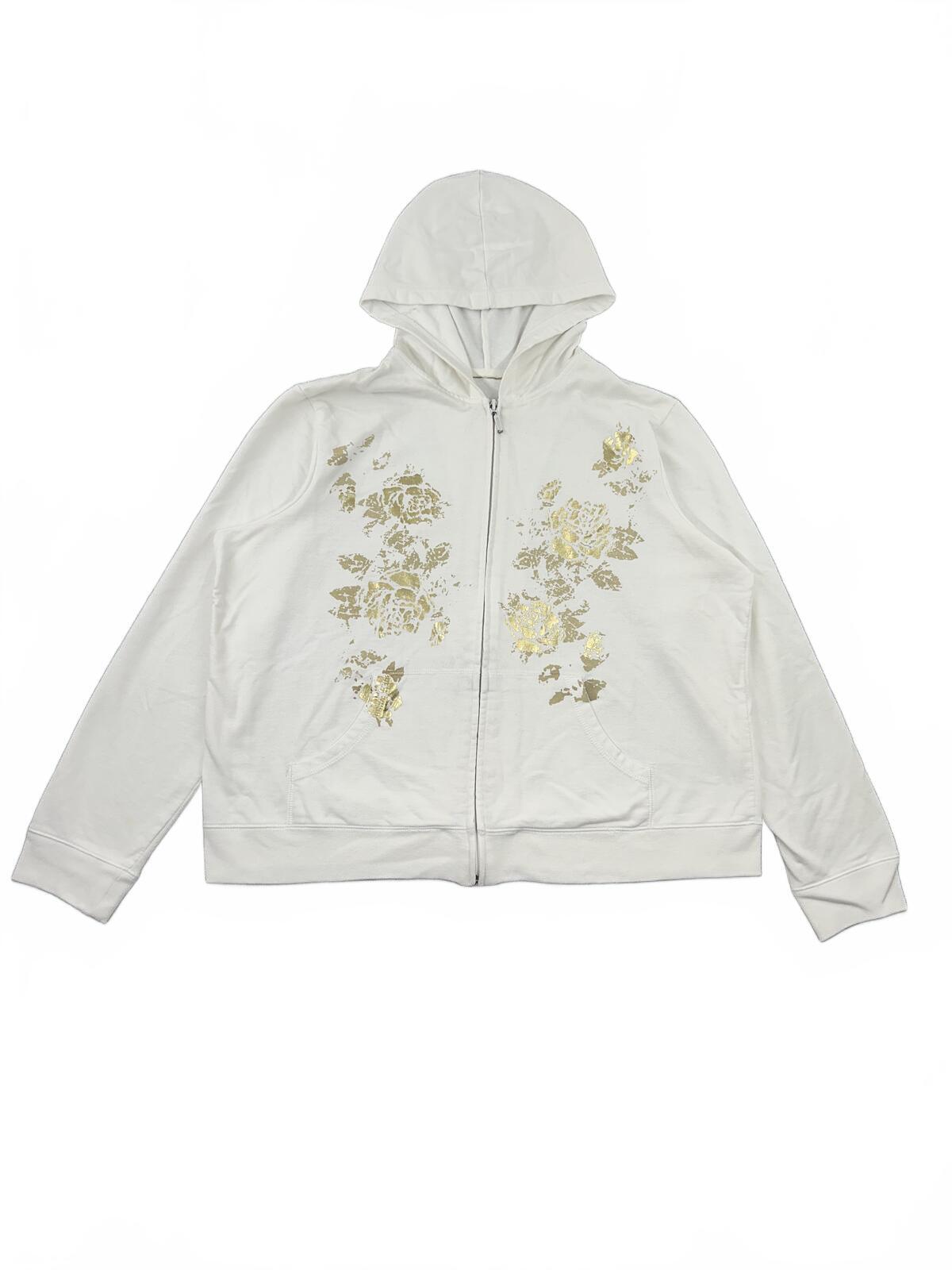 White Zip Up Hoodie with Gold Floral Print Y2K Fairycore Style Relaxed Fit