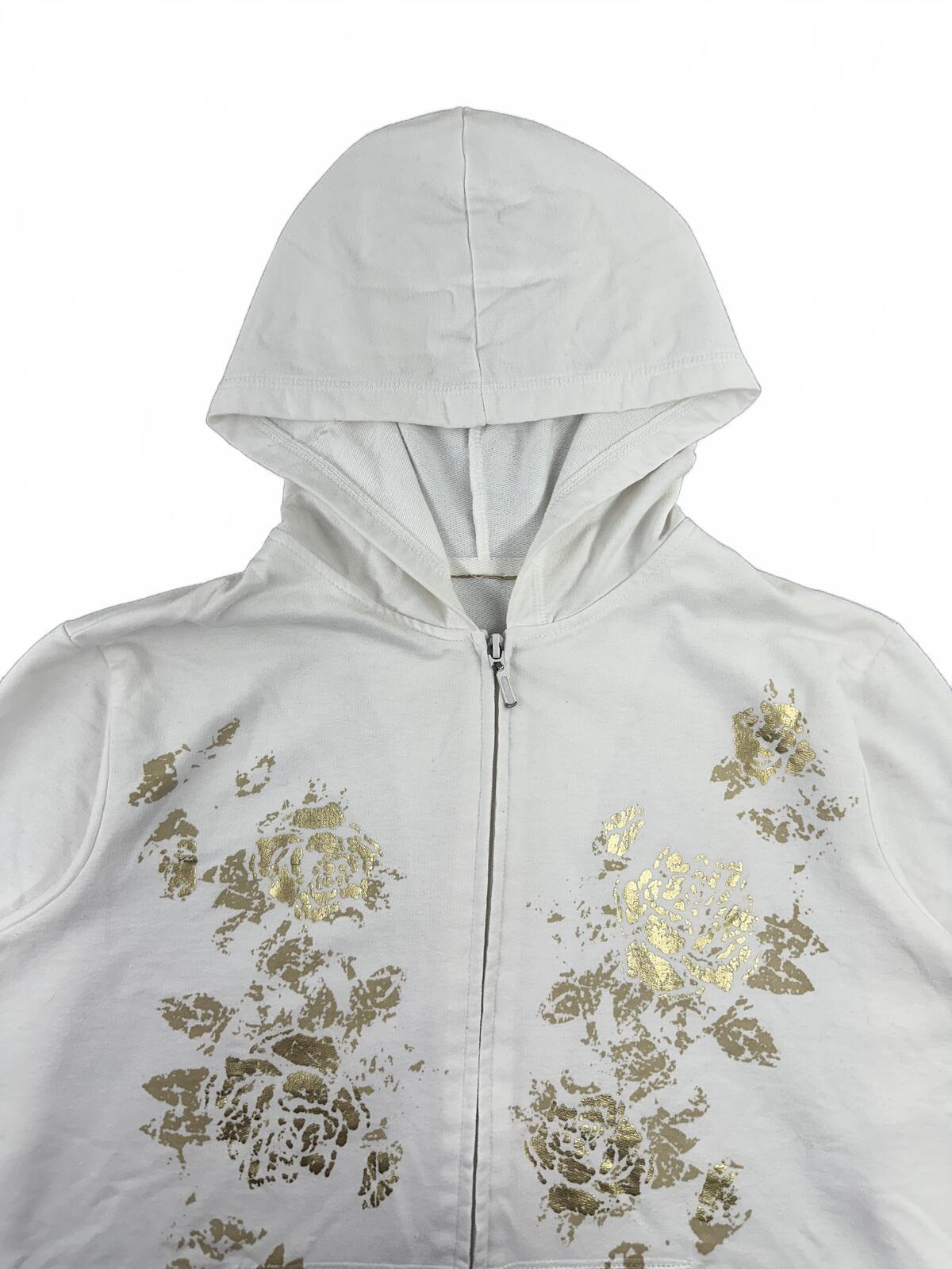 White Zip Up Hoodie with Gold Floral Print Y2K Fairycore Style Relaxed Fit