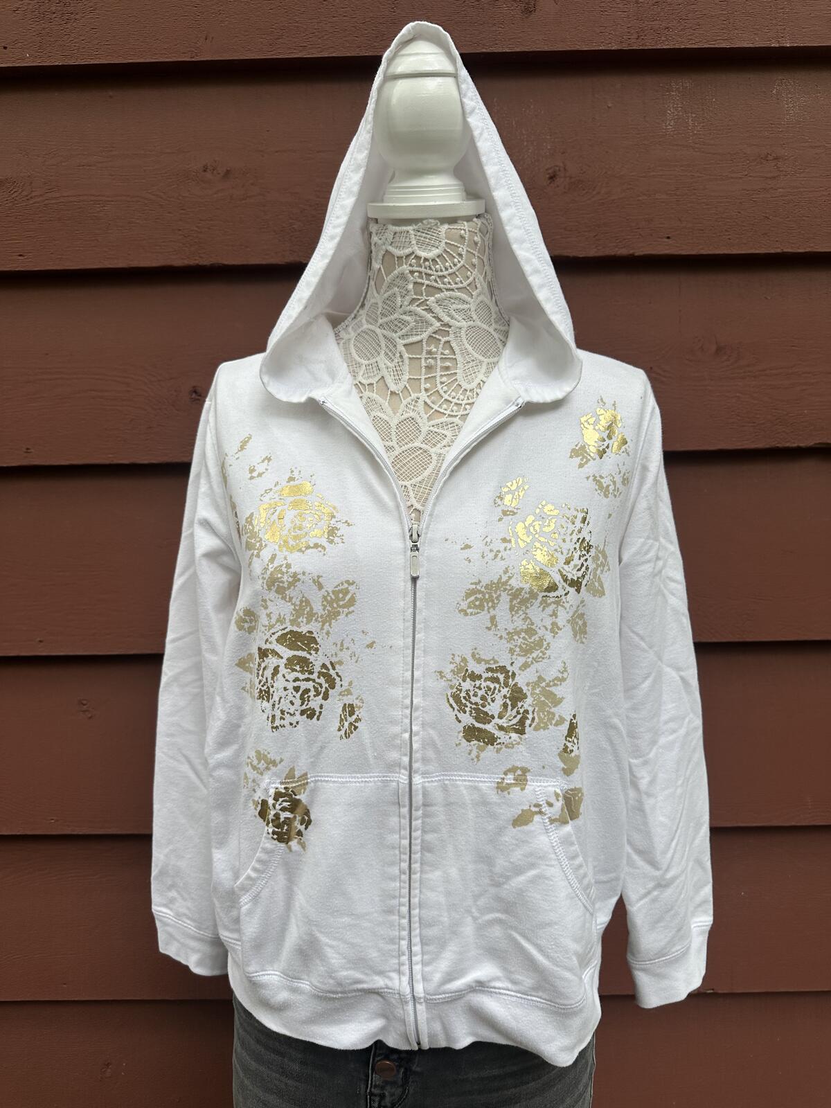 White Zip Up Hoodie with Gold Floral Print Y2K Fairycore Style Relaxed Fit