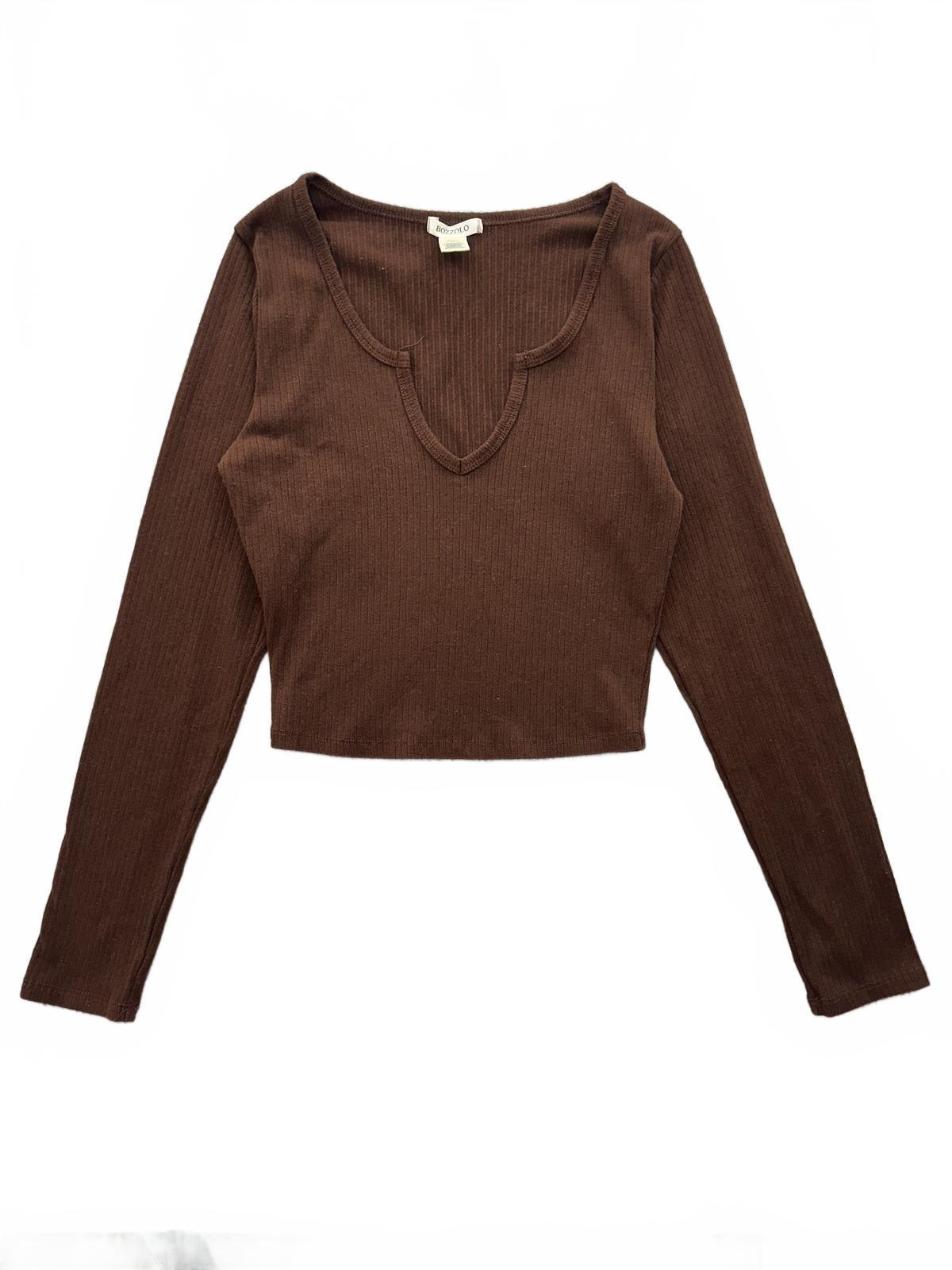 Bozzolo Brown Ribbed Long Sleeve Crop Top Casual Minimalist Y2K
