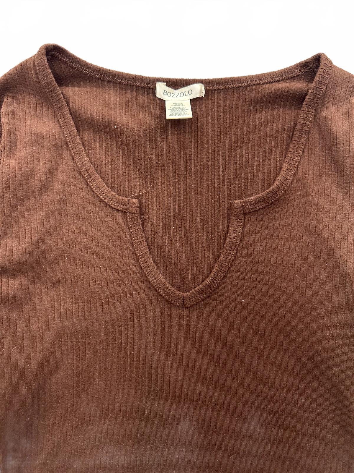 Bozzolo Brown Ribbed Long Sleeve Crop Top Casual Minimalist Y2K