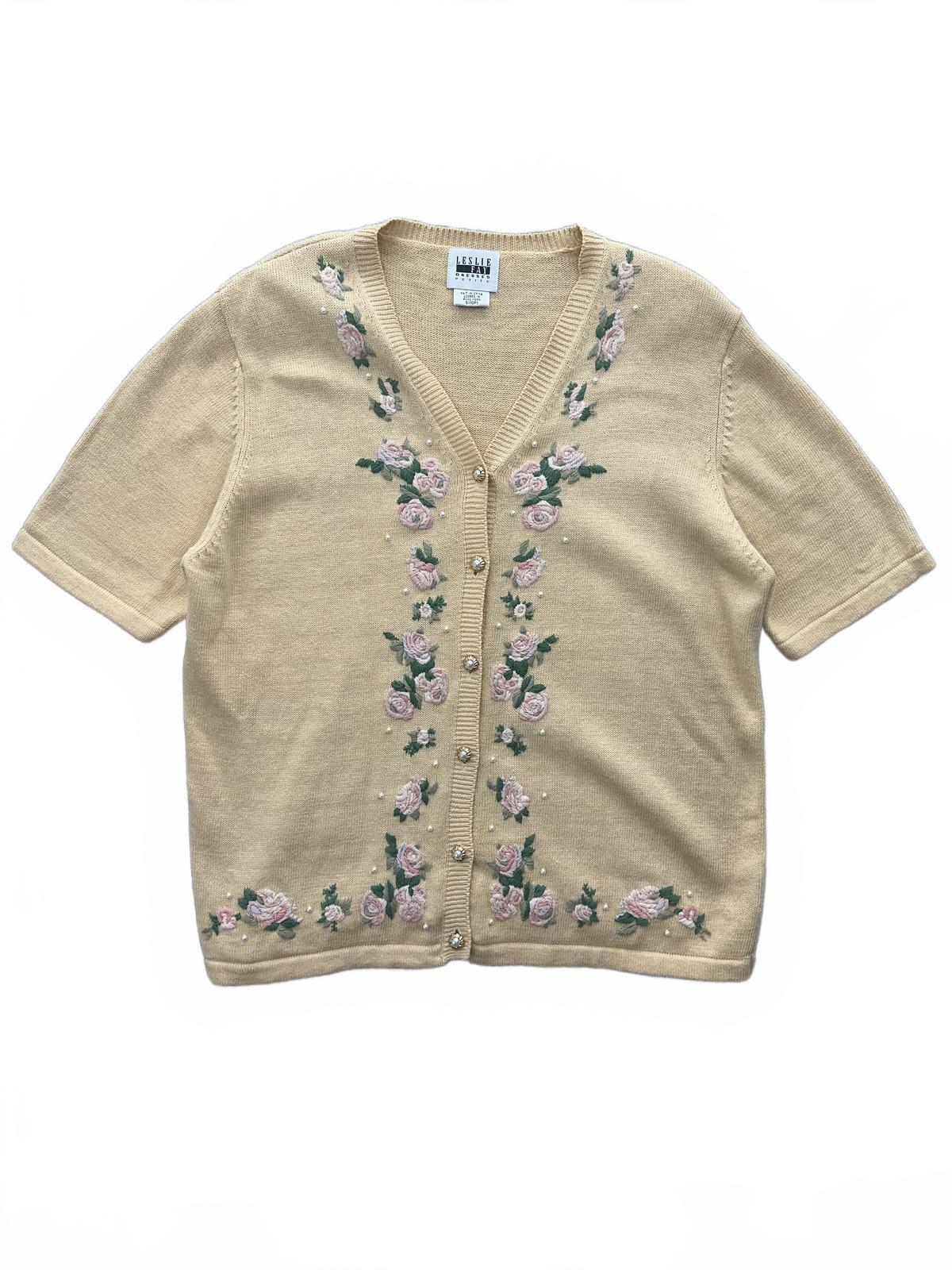 Leslie Fay Vintage Embroidered Floral Cardigan Sweater Butter Yellow Pink