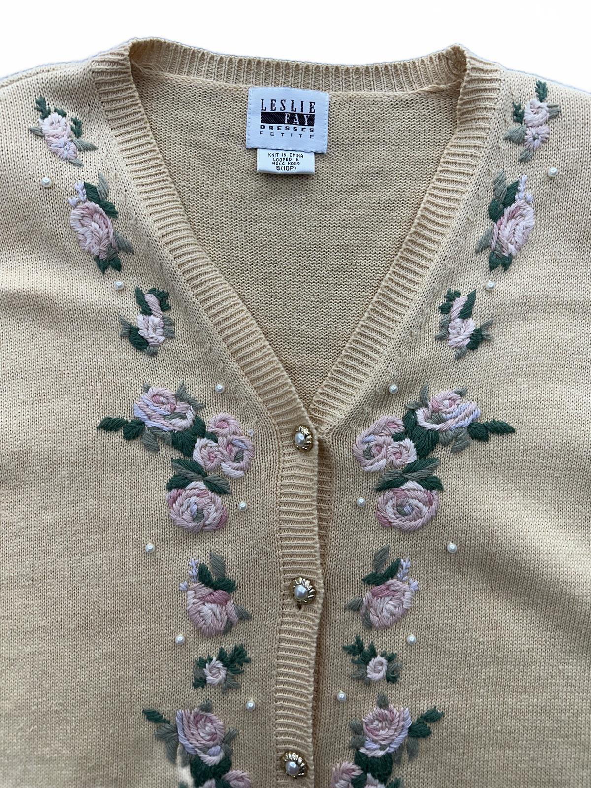 Leslie Fay Vintage Embroidered Floral Cardigan Sweater Butter Yellow Pink