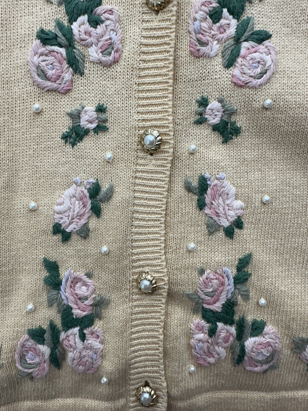 Leslie Fay Vintage Embroidered Floral Cardigan Sweater Butter Yellow Pink