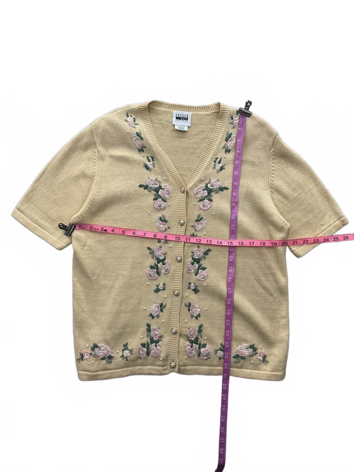 Leslie Fay Vintage Embroidered Floral Cardigan Sweater Butter Yellow Pink