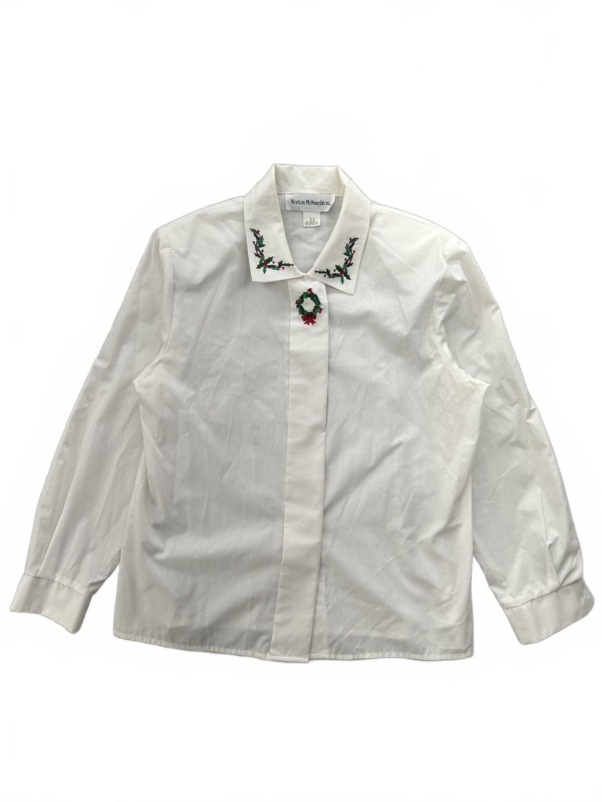 Norton McNaughton Vintage White Holiday Embroidered Button Up Blouse Christmas