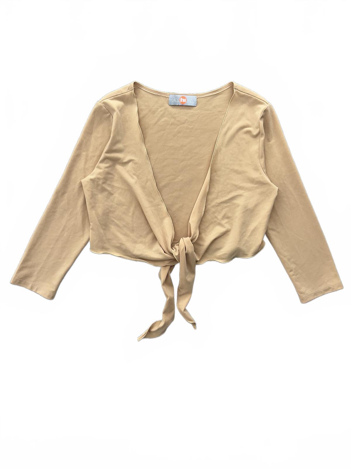 Fashion Beige Tie Front Crop Top Long Sleeve Casual Contemporary