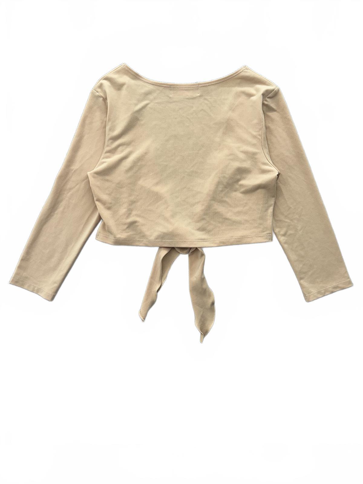 Fashion Beige Tie Front Crop Top Long Sleeve Casual Contemporary