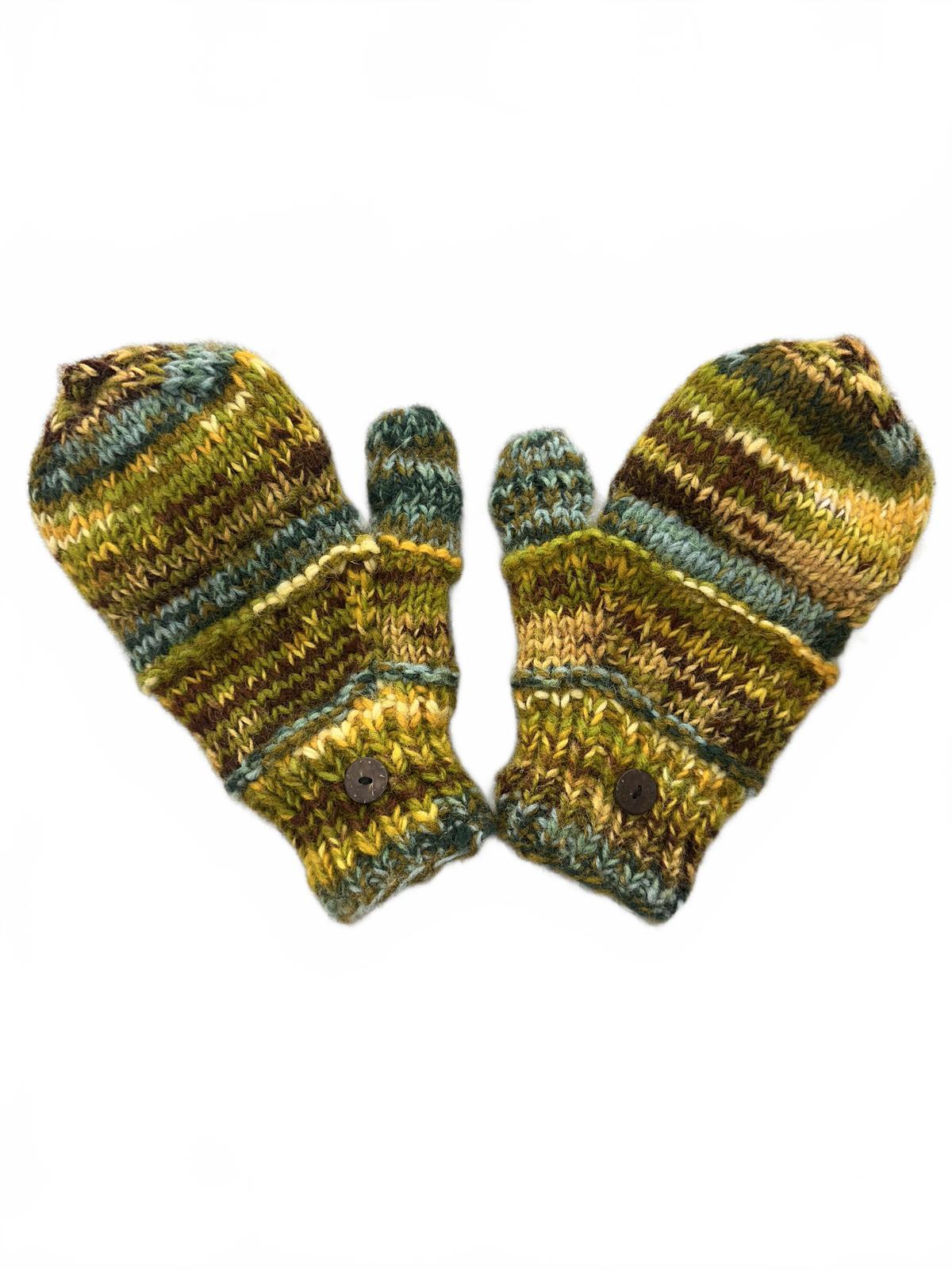 Handmade Chunky Knit Convertible Mittens Gloves with Earthy Green Blue Brown