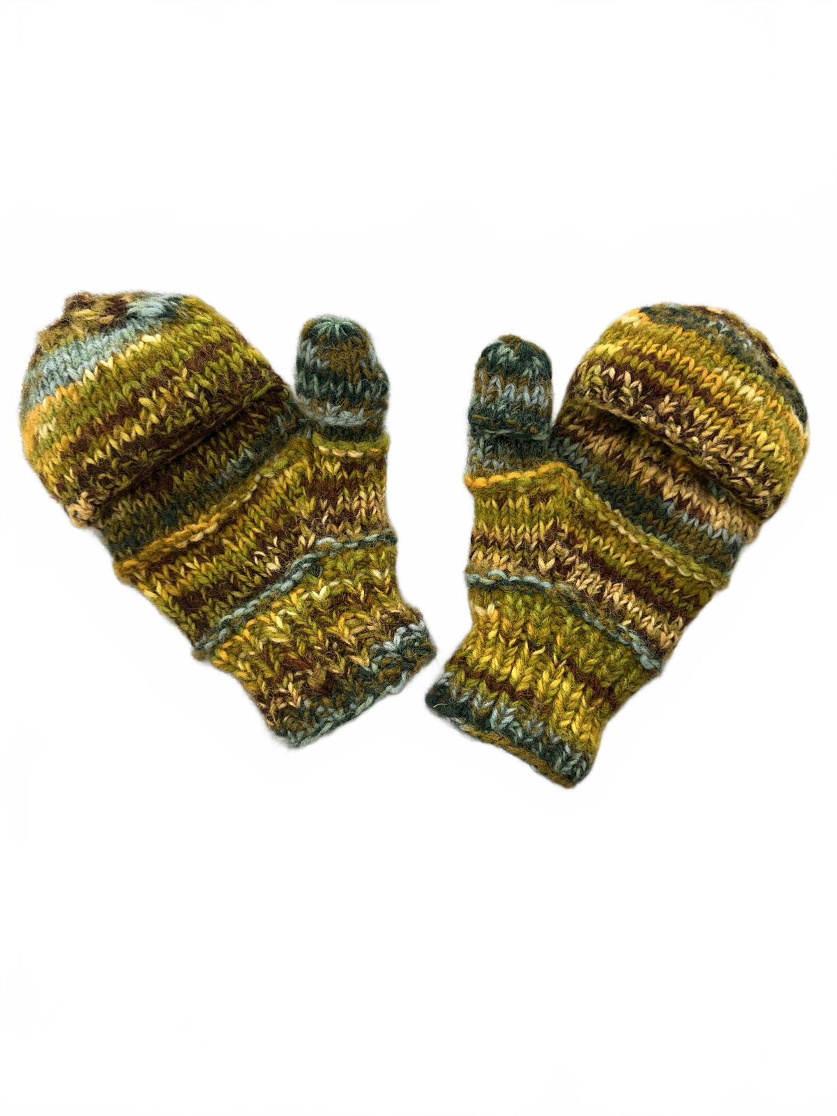 Handmade Chunky Knit Convertible Mittens Gloves with Earthy Green Blue Brown