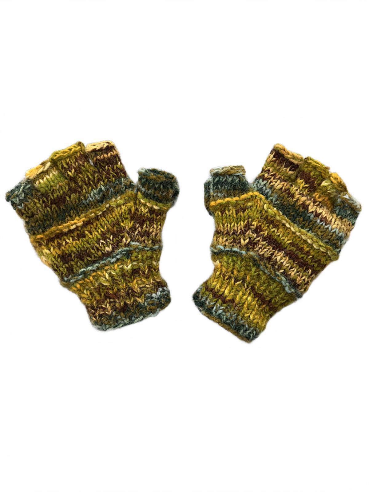 Handmade Chunky Knit Convertible Mittens Gloves with Earthy Green Blue Brown