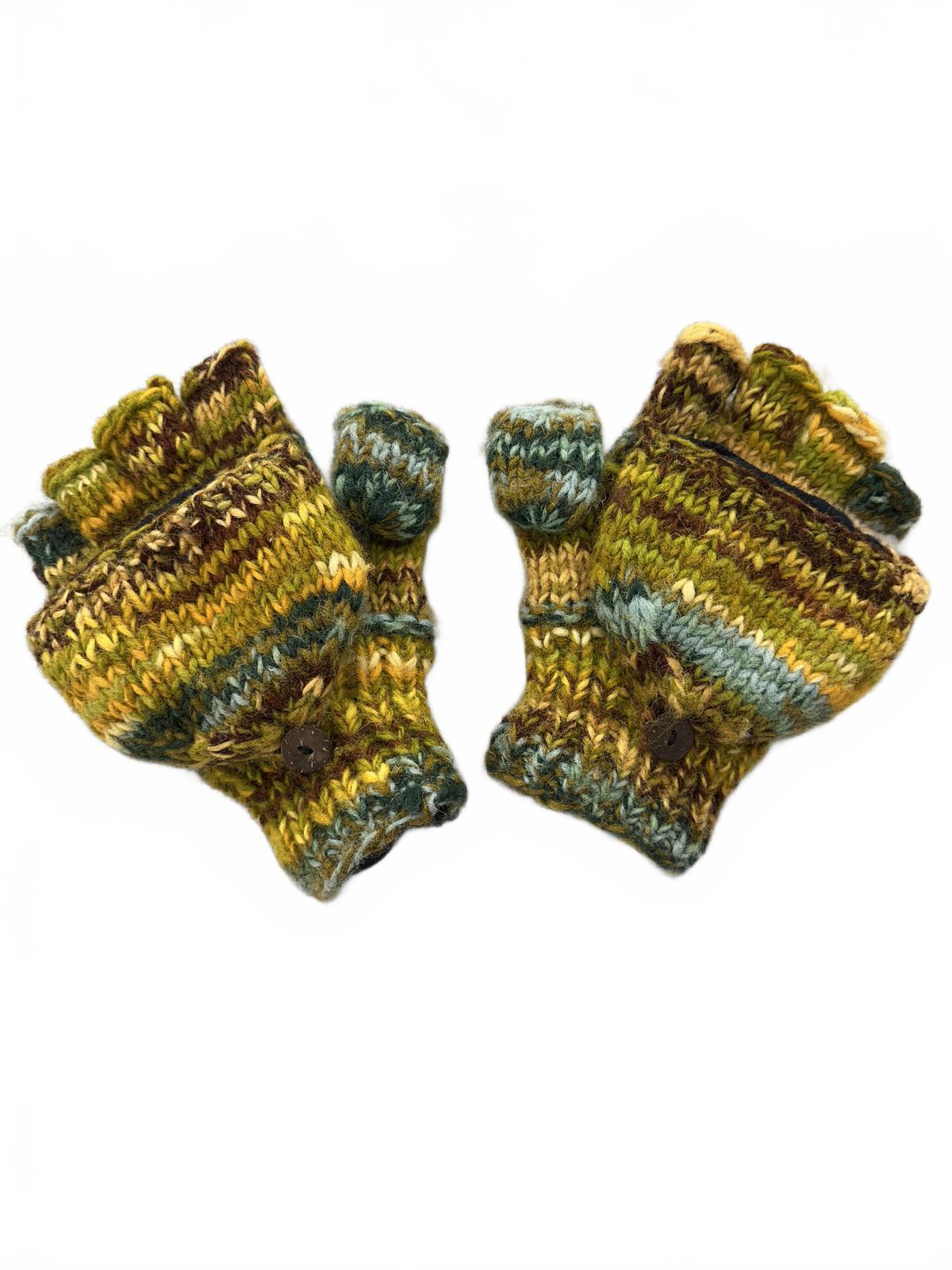 Handmade Chunky Knit Convertible Mittens Gloves with Earthy Green Blue Brown