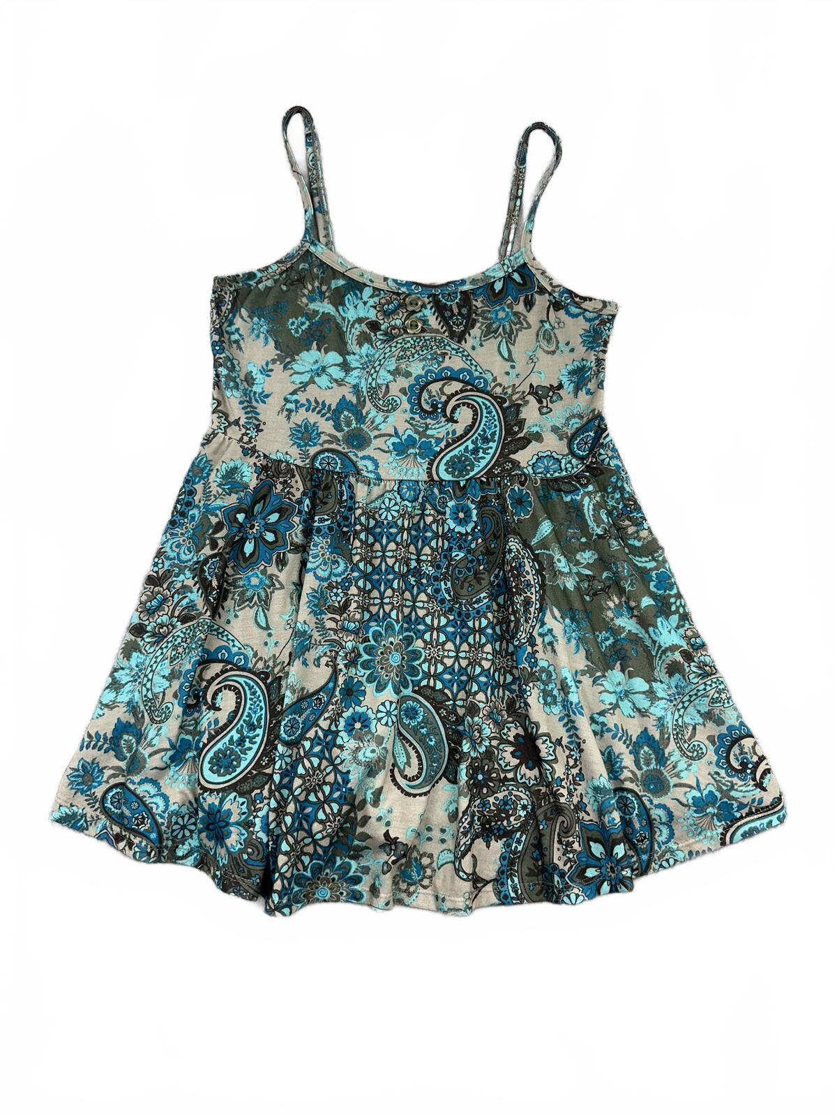 Live to be Spoiled Boho Paisley Babydoll Tank Tunic Top in Blue and Beige Y2K