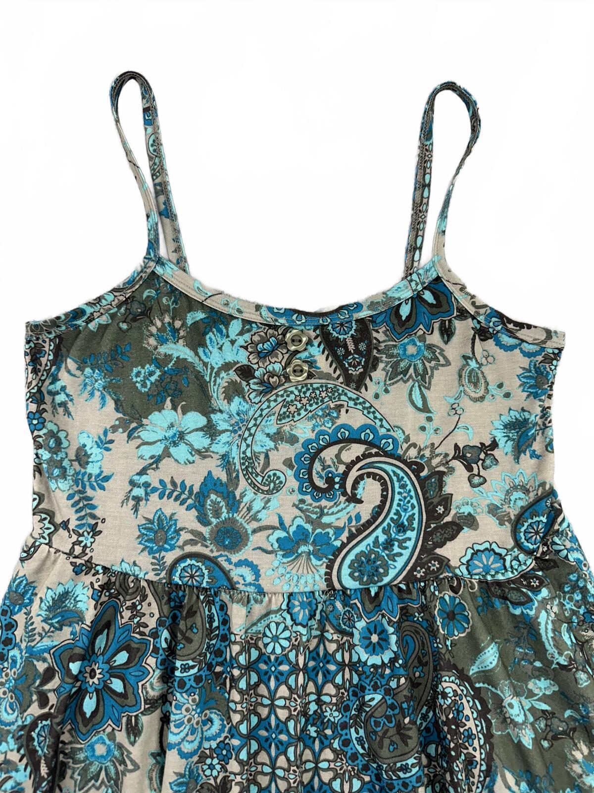Live to be Spoiled Boho Paisley Babydoll Tank Tunic Top in Blue and Beige Y2K
