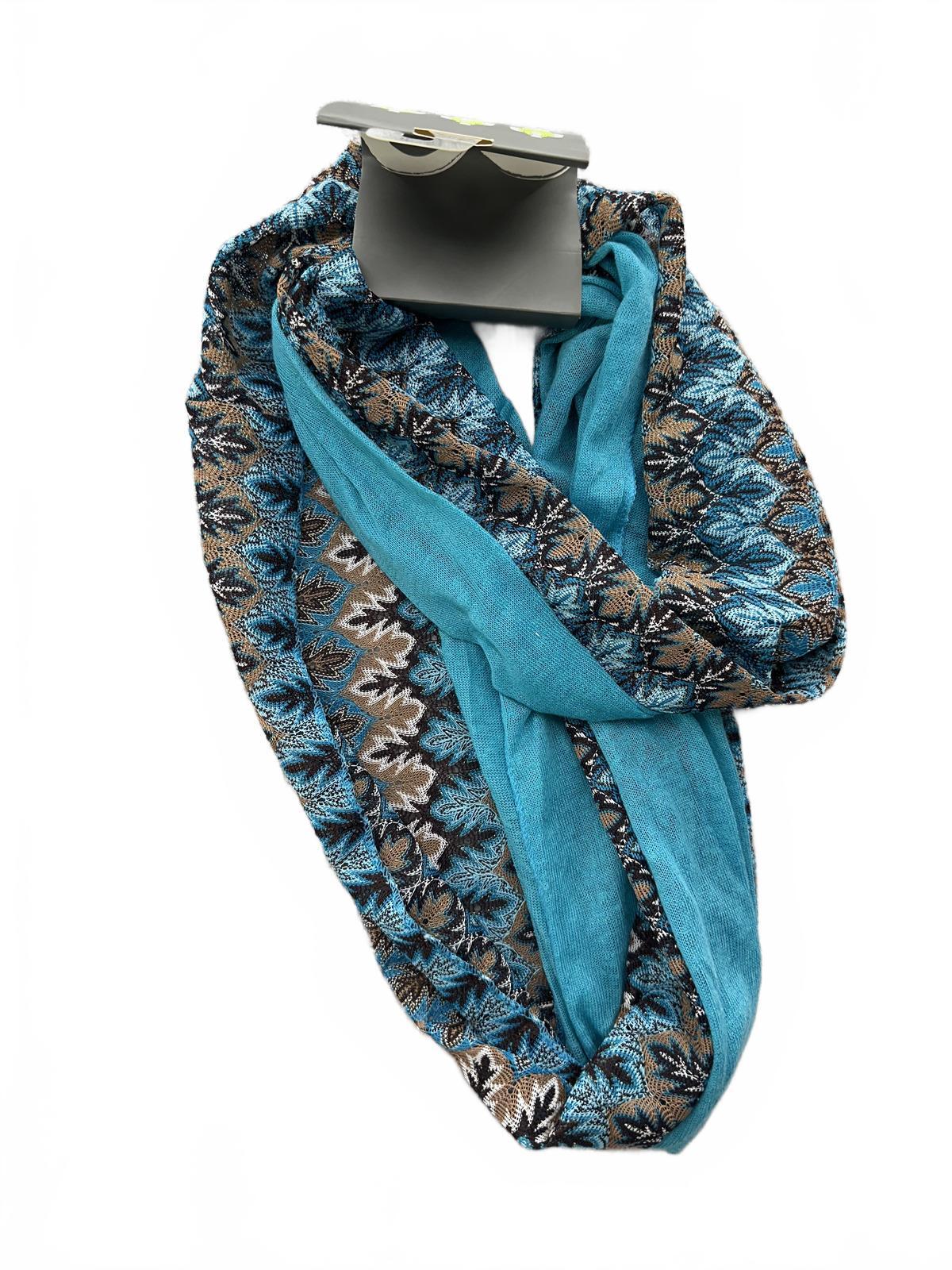 NWT Figure8 Scarf Infinity Loop Scarf Blue Brown Patterned Lightweight Bohemian
