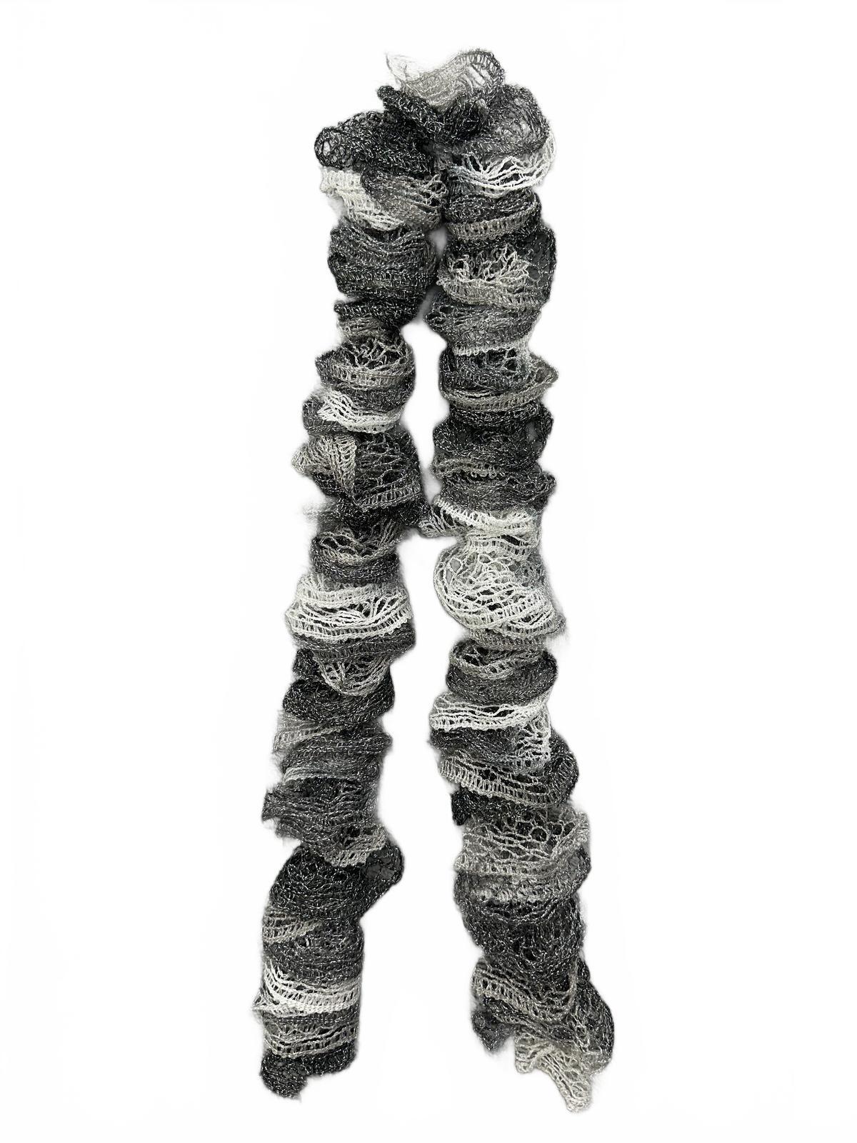 Handmade Ruffled Knit Scarf Black White Gray Lightweight Contemporary Feminine