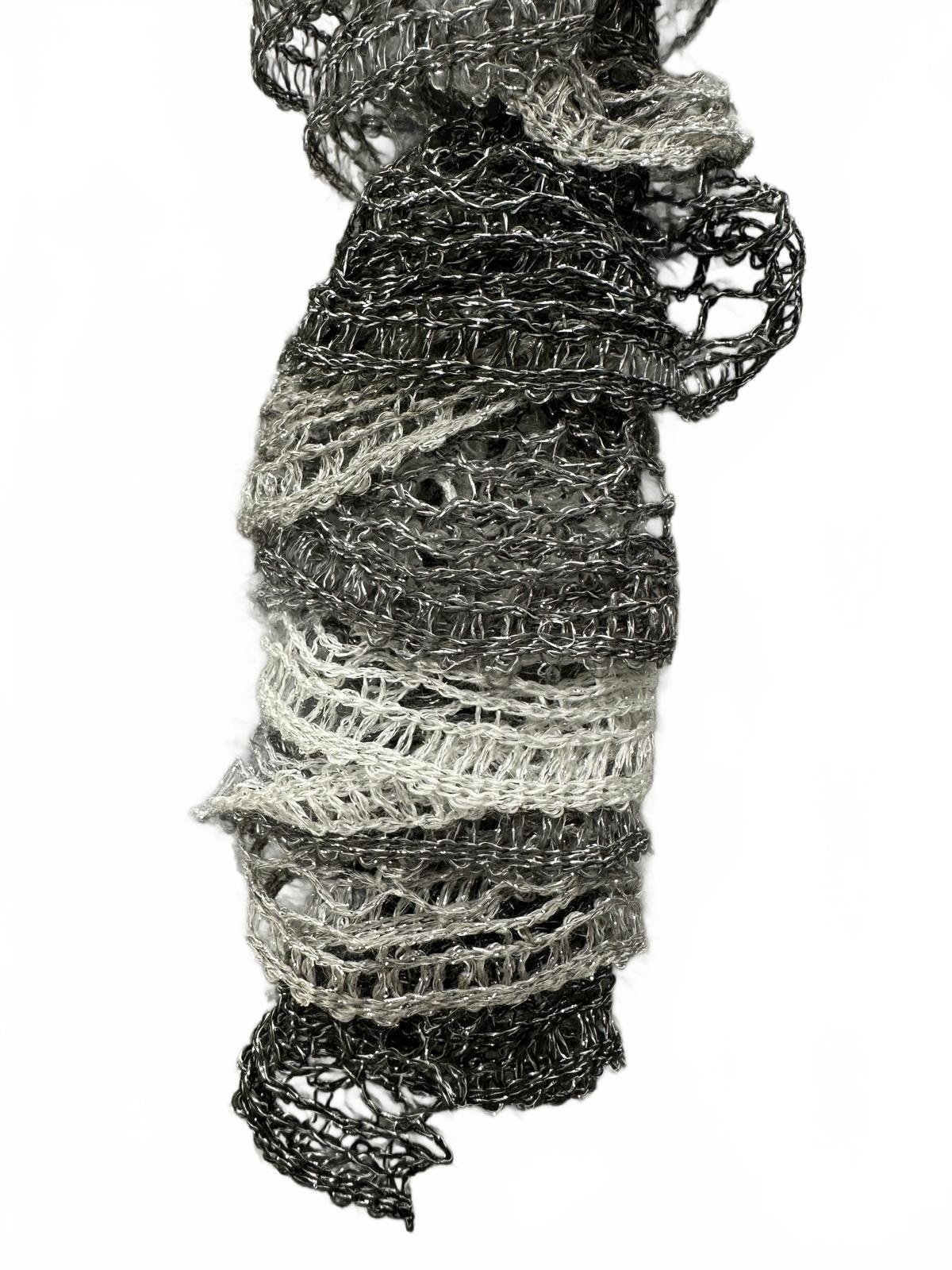 Handmade Ruffled Knit Scarf Black White Gray Lightweight Contemporary Feminine