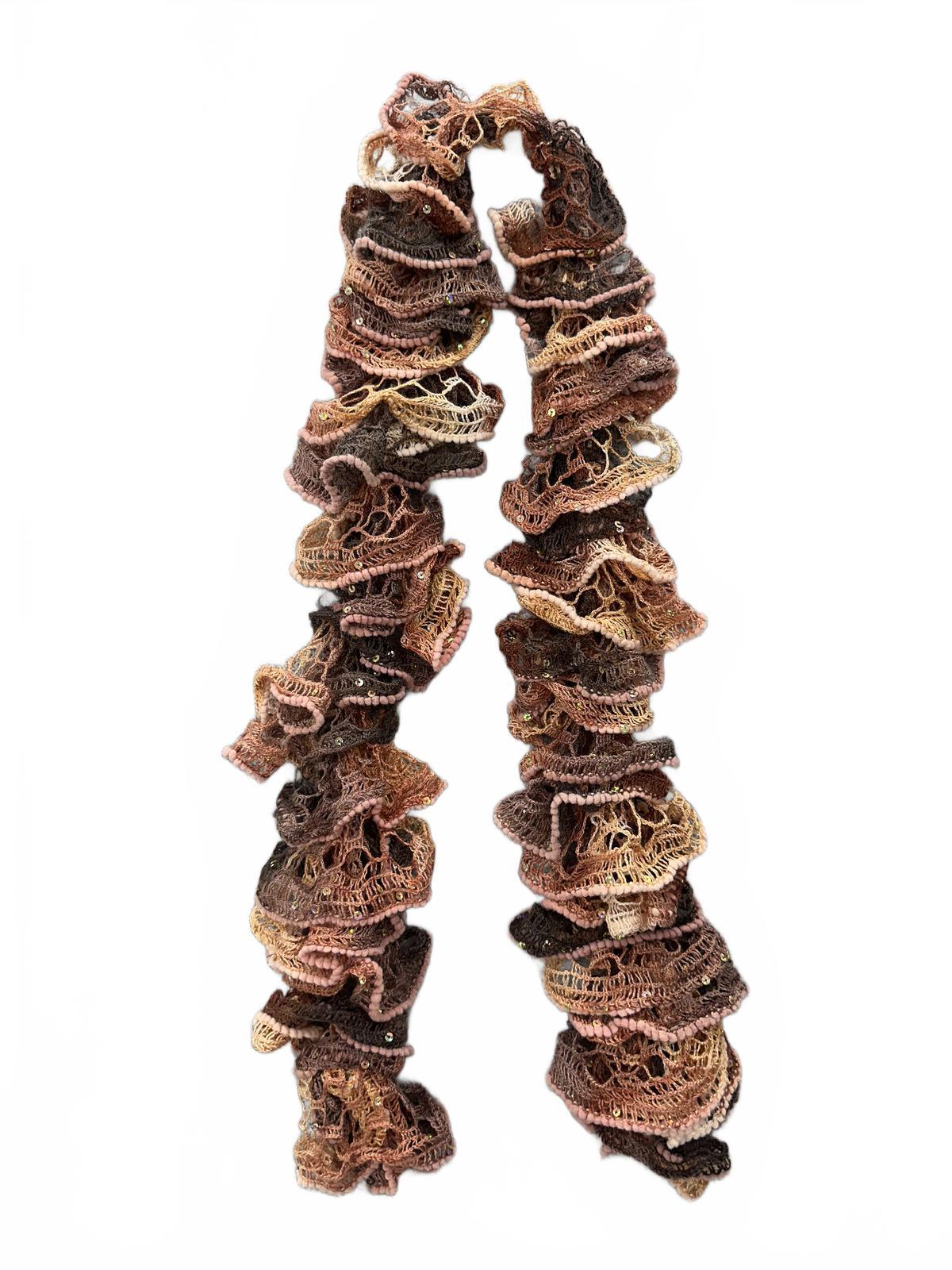 Handmade Bohemian Ruffled Crochet Scarf with Sequins Brown Pink Vintage
