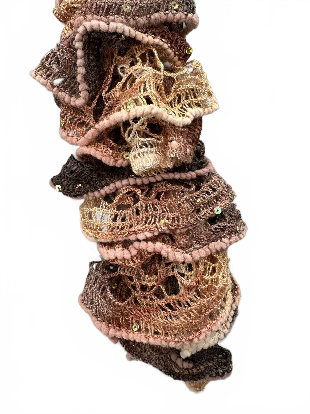 Handmade Bohemian Ruffled Crochet Scarf with Sequins Brown Pink Vintage