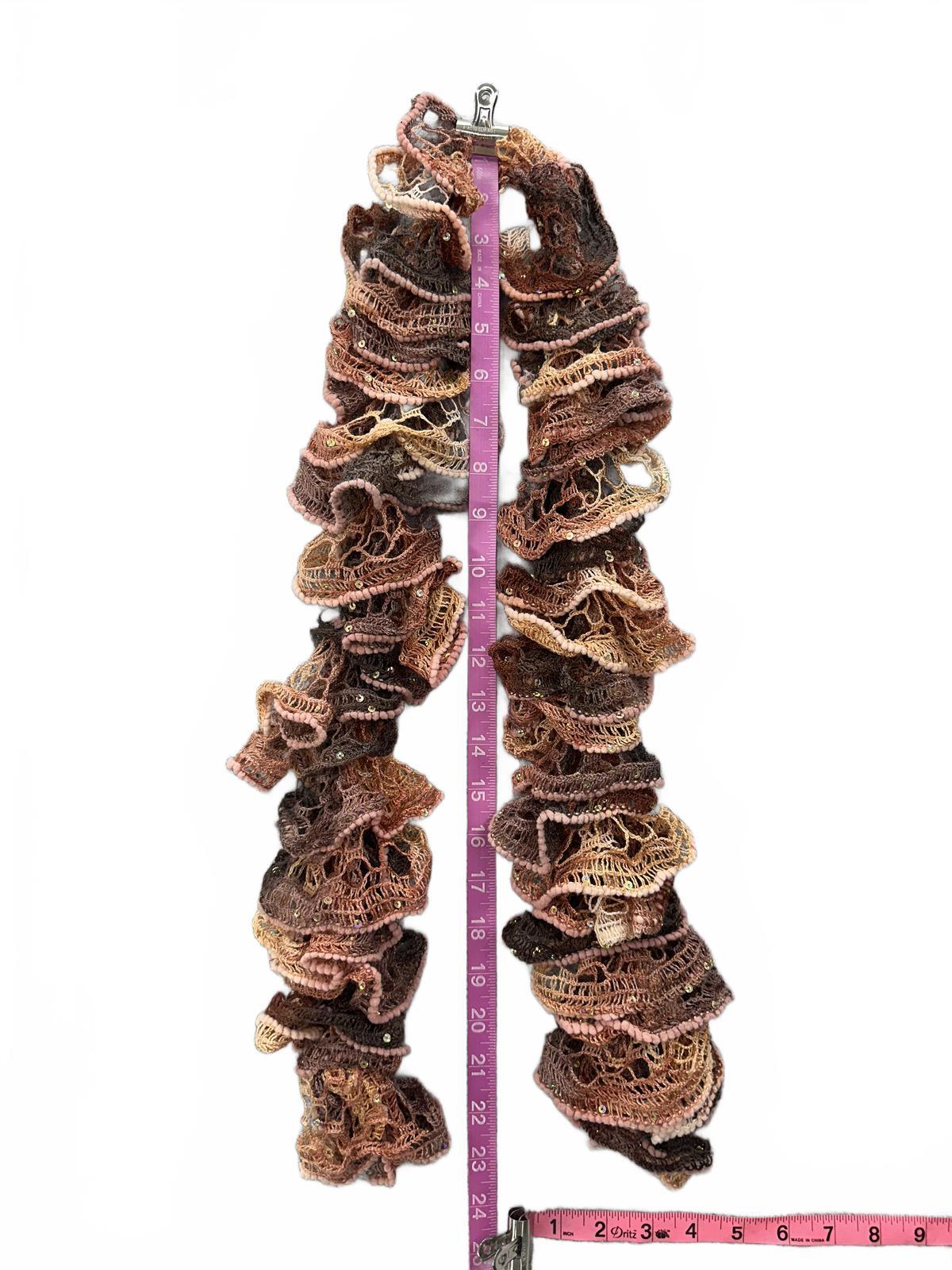 Handmade Bohemian Ruffled Crochet Scarf with Sequins Brown Pink Vintage