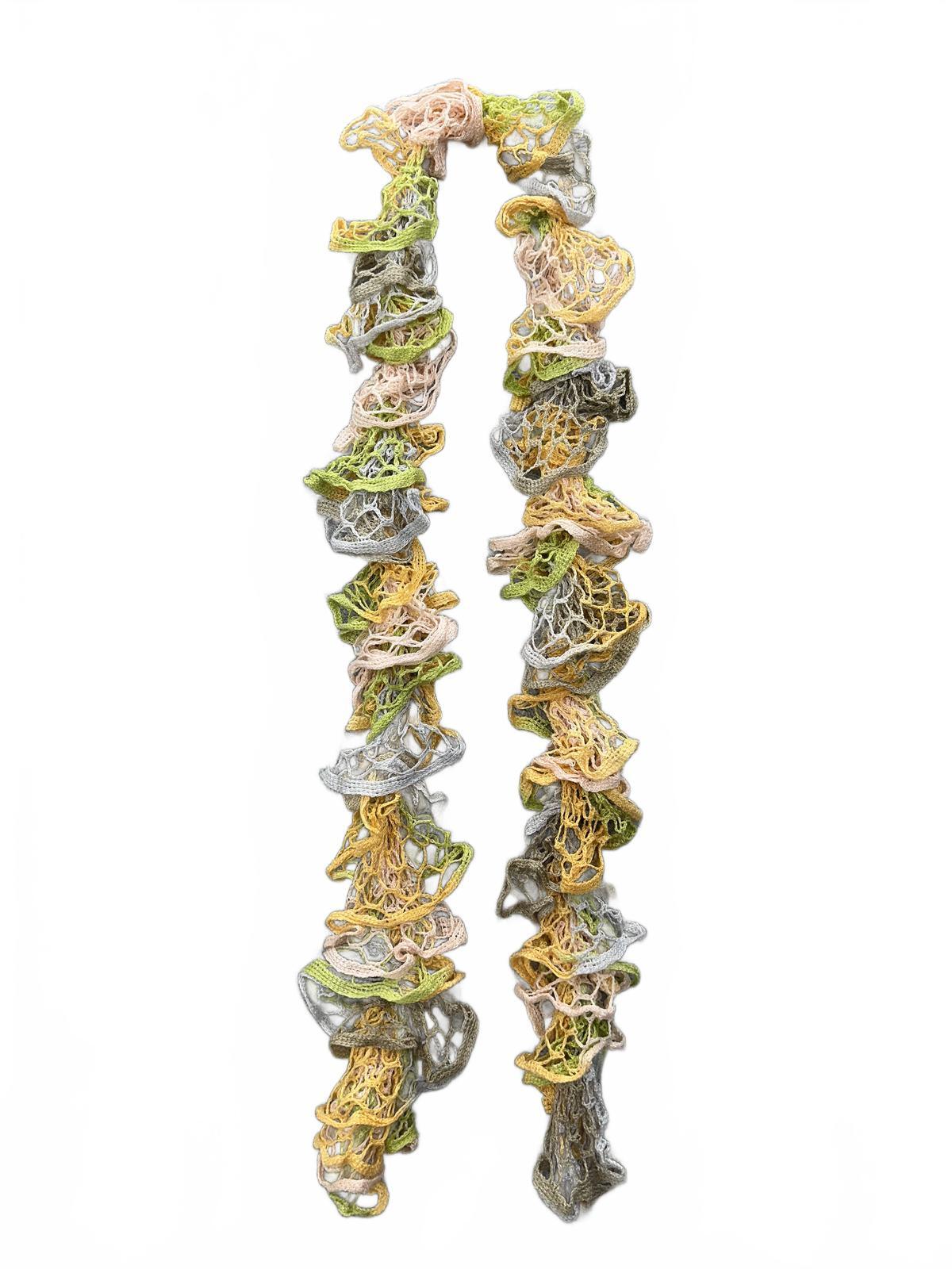 Handmade Crochet Ruffle Scarf in Pastel Yellow Green Peach and Gray Cottage