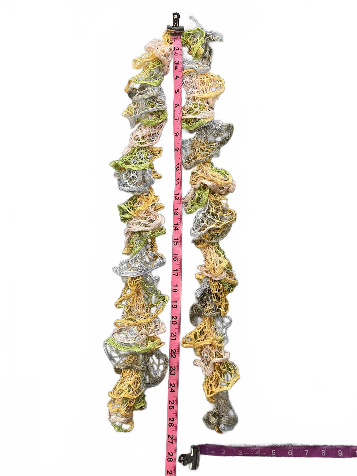 Handmade Crochet Ruffle Scarf in Pastel Yellow Green Peach and Gray Cottage