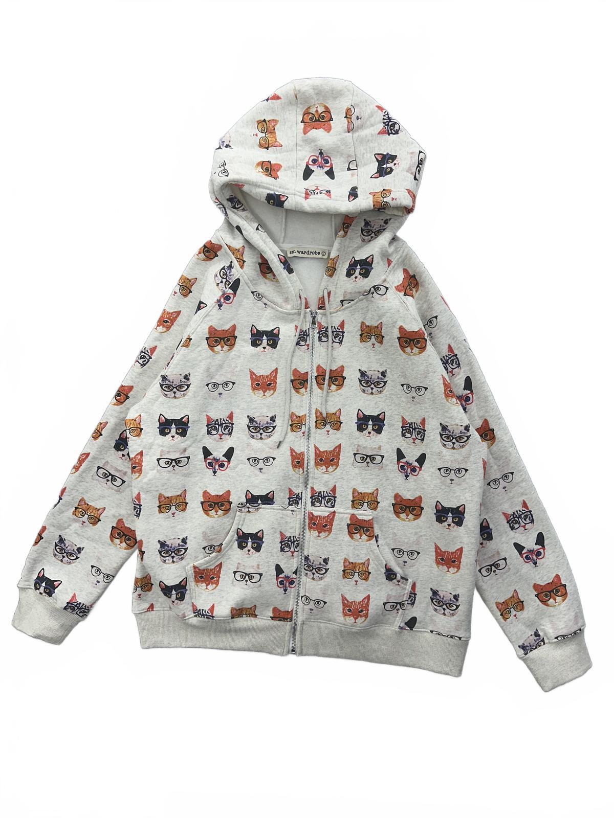 sm wardrobe Cat Print Hoodie Gray Orange Casual Streetwear Zip Up Sweatshirt