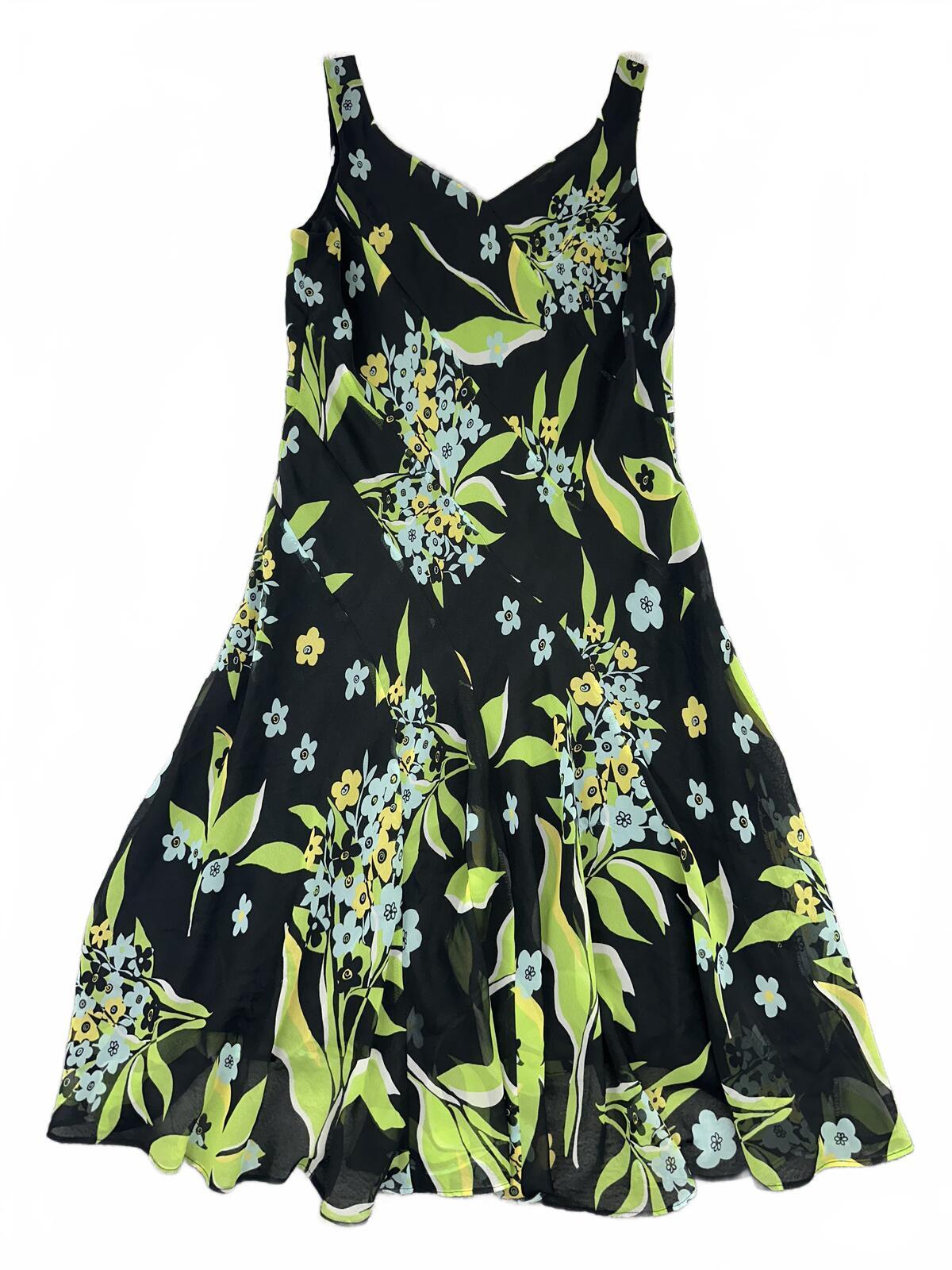 Studio 1940 Y2K Fairycore Black Floral Fit and Flare Dress Green Blue