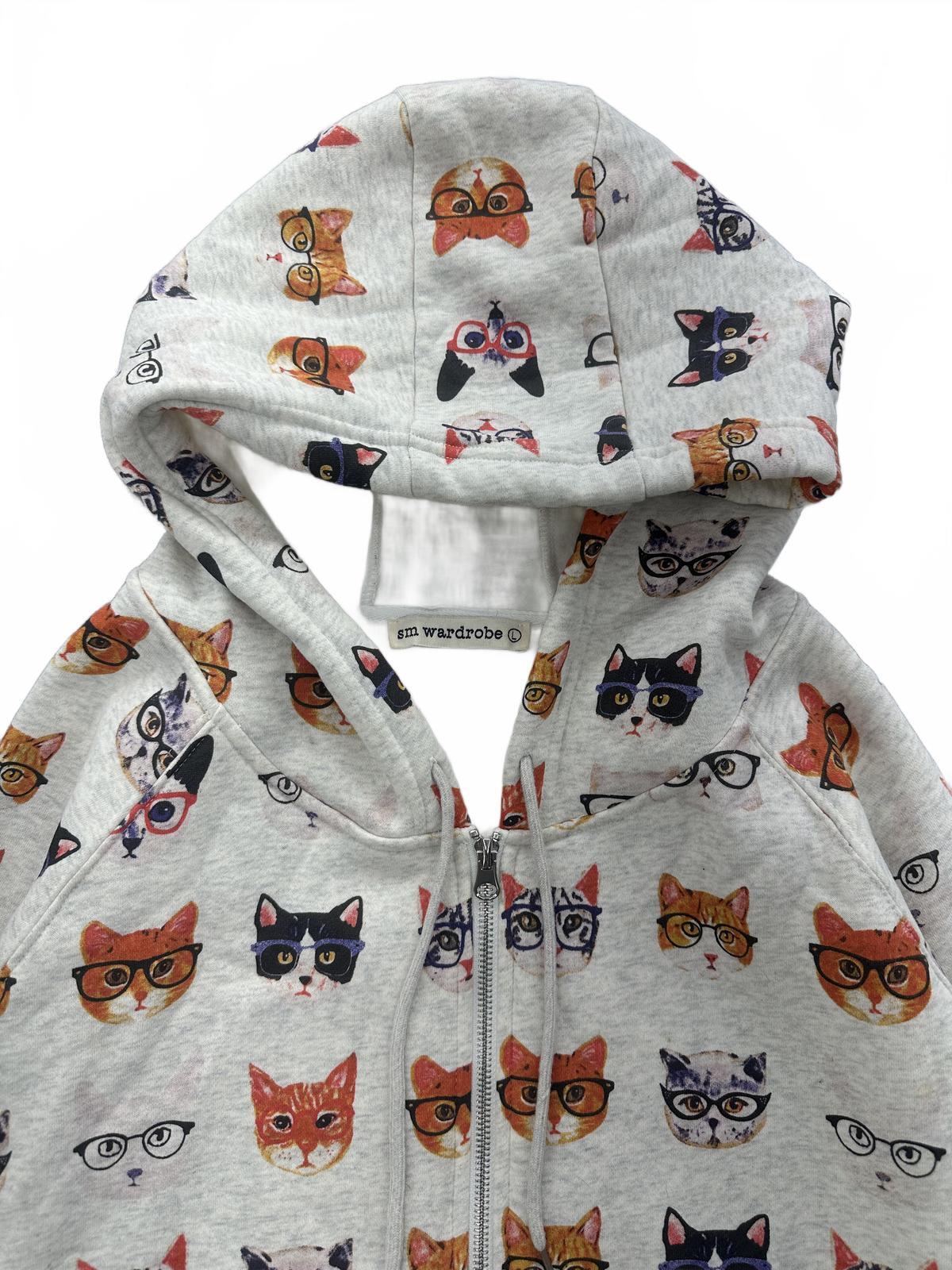 sm wardrobe Cat Print Hoodie Gray Orange Casual Streetwear Zip Up Sweatshirt