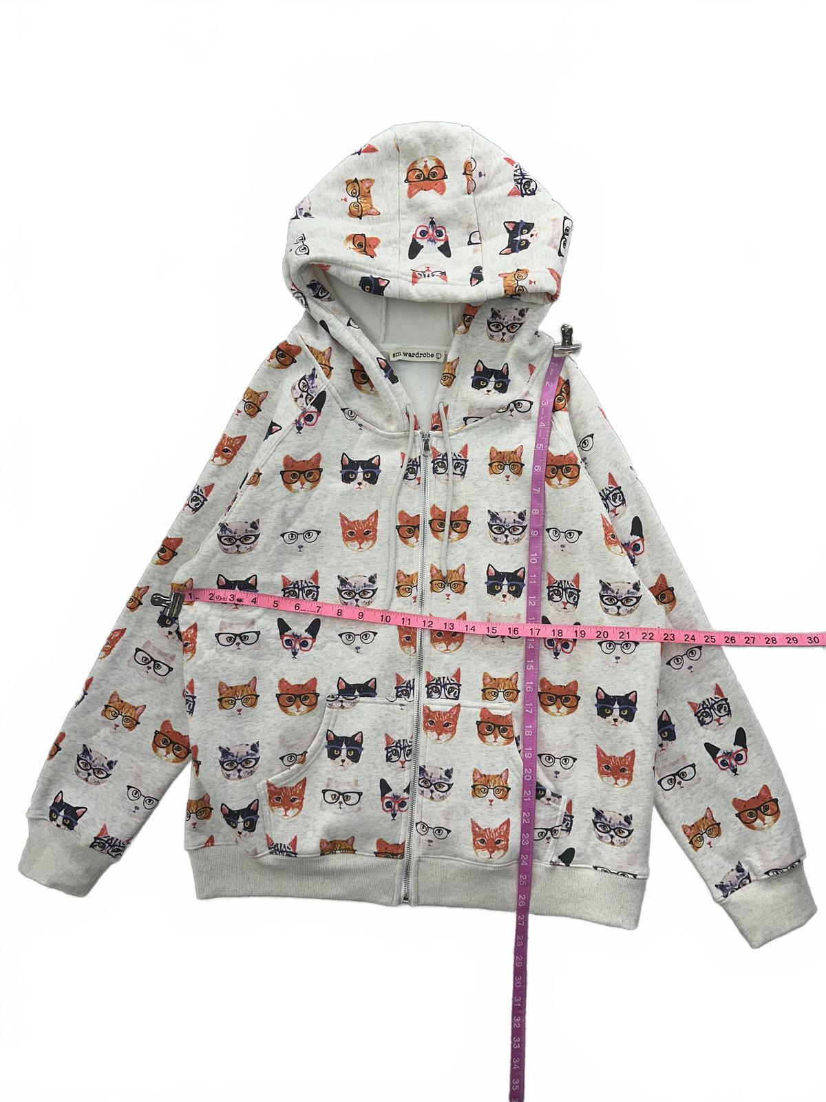 sm wardrobe Cat Print Hoodie Gray Orange Casual Streetwear Zip Up Sweatshirt