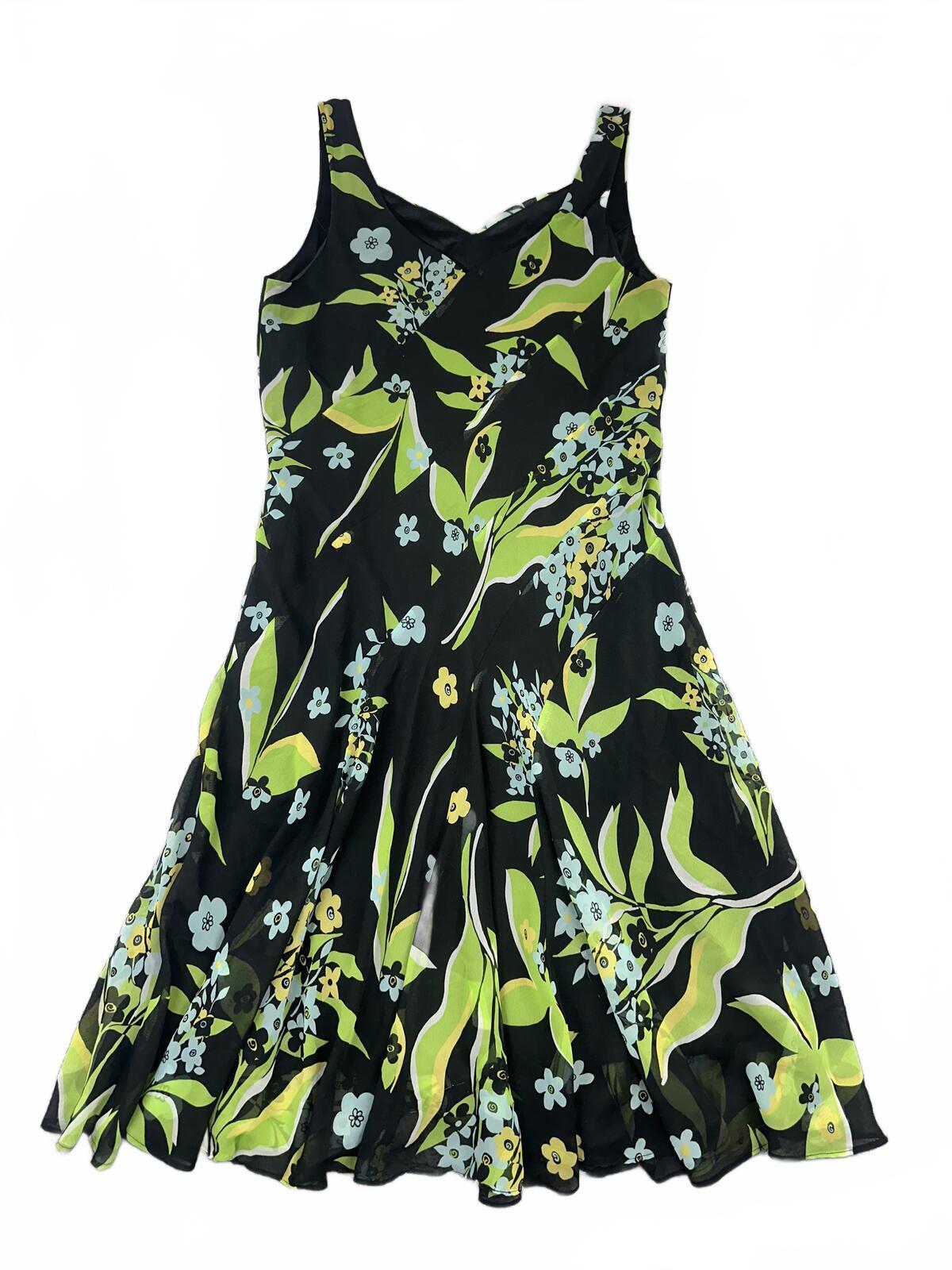 Studio 1940 Y2K Fairycore Black Floral Fit and Flare Dress Green Blue