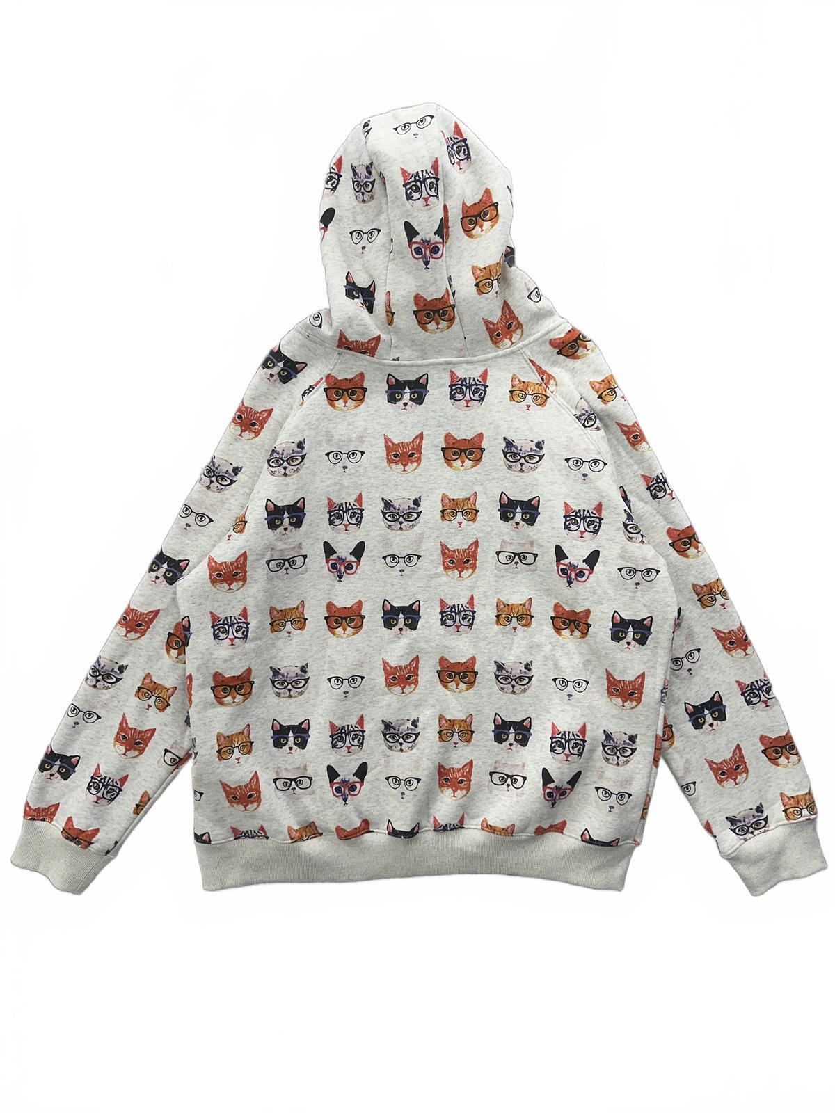sm wardrobe Cat Print Hoodie Gray Orange Casual Streetwear Zip Up Sweatshirt