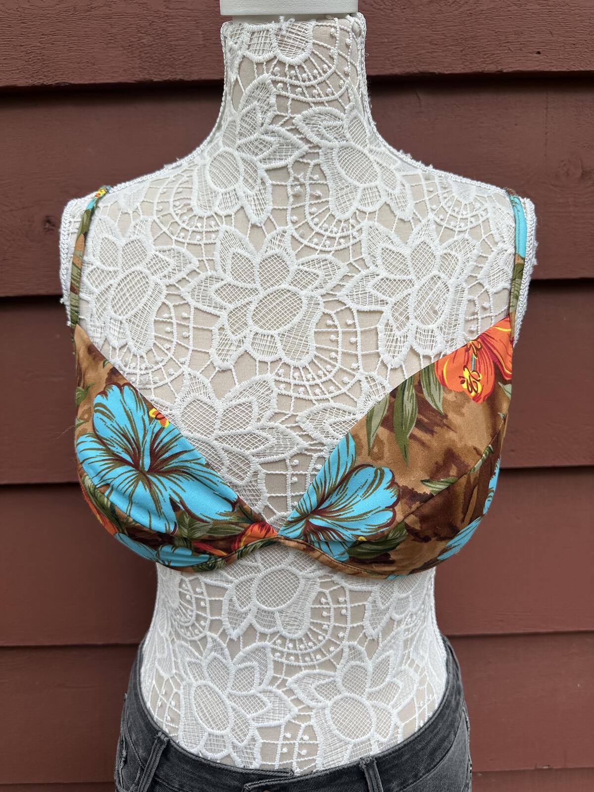 St. John's Bay Y2K Tropical Floral Push Up Bikini Blue Orange Vacation Swimwear