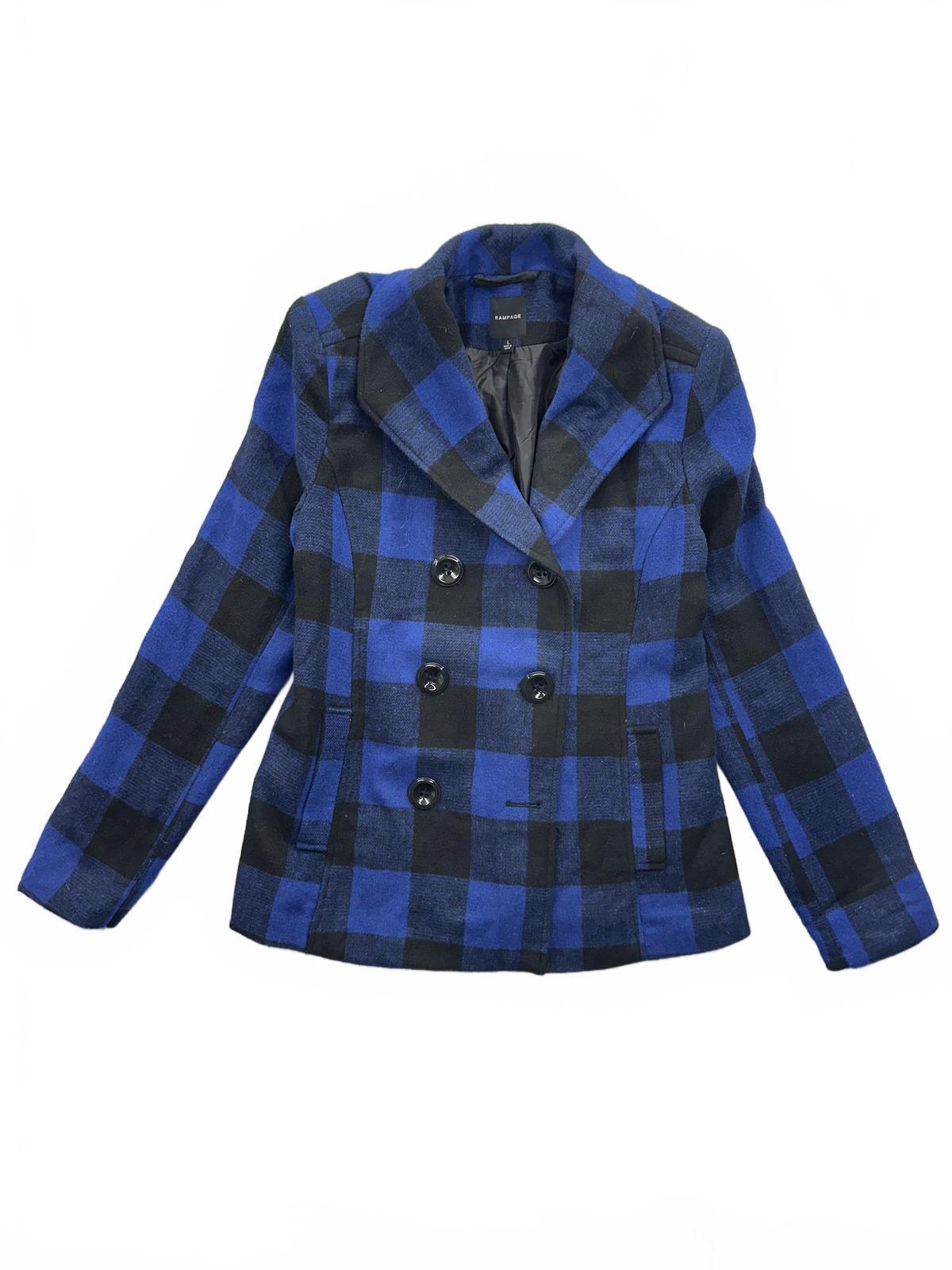Rampage Blue and Black Plaid Peacoat Jacket Classic Fall Winter Outerwear