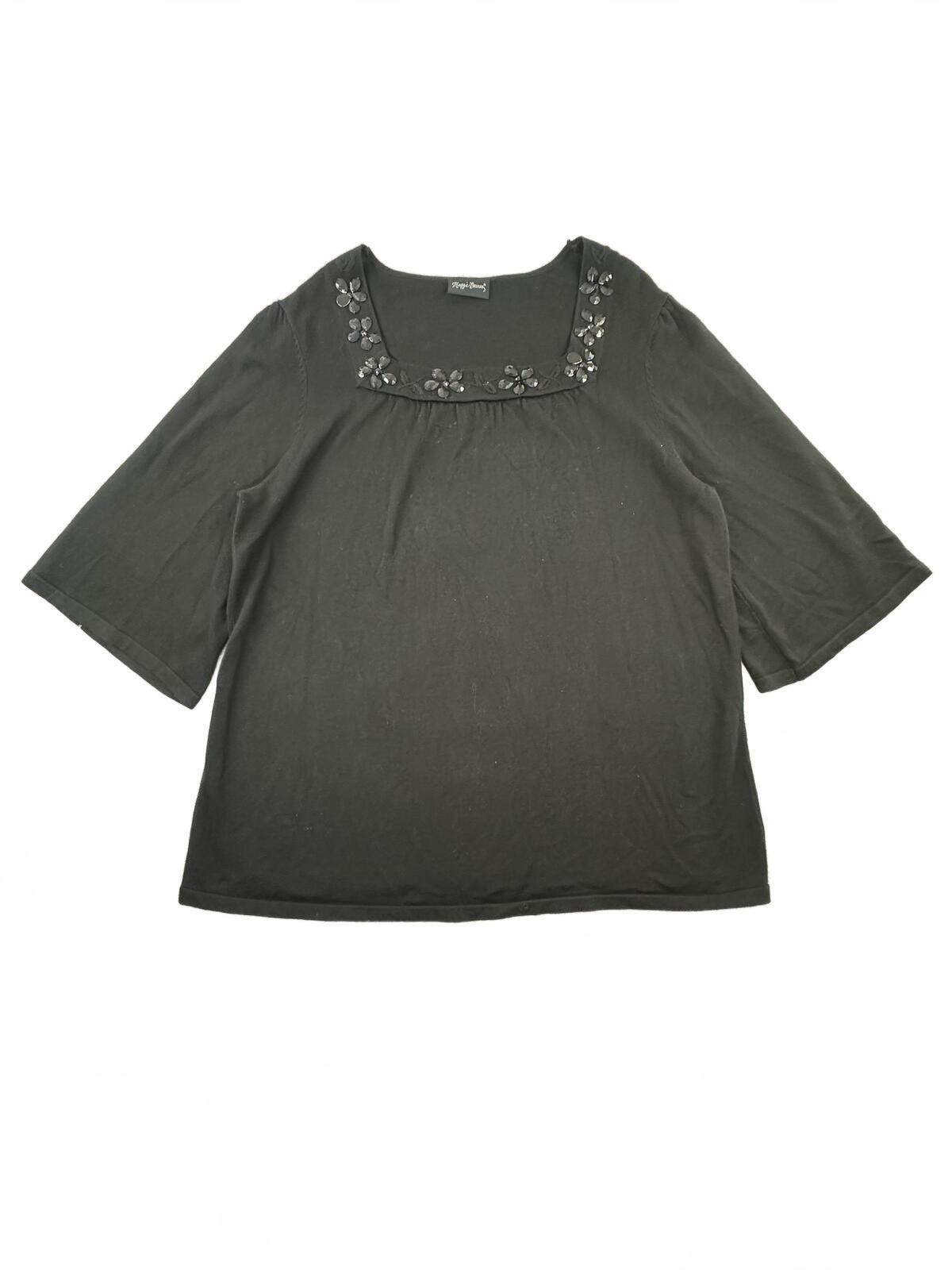 Maggie Barnes Black Floral Beaded Square Neck Tunic Top Y2K Fairycore Boho Style