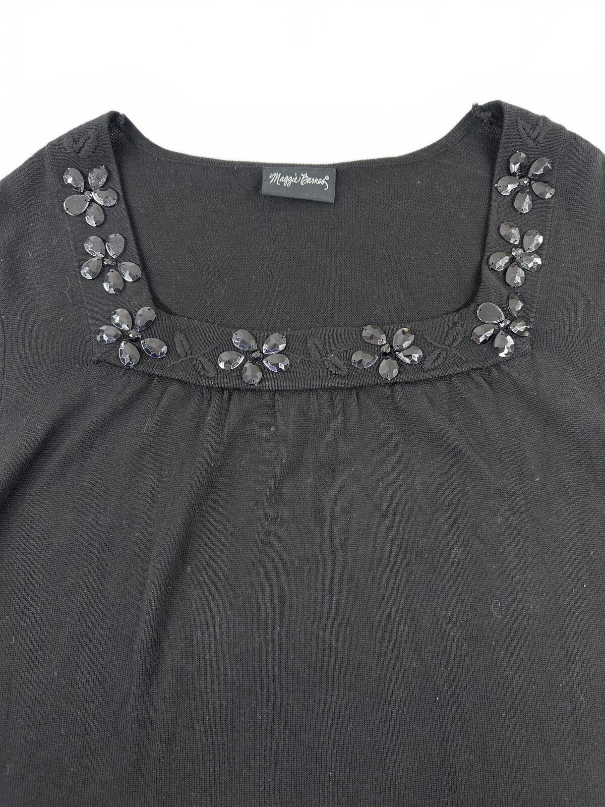 Maggie Barnes Black Floral Beaded Square Neck Tunic Top Y2K Fairycore Boho Style