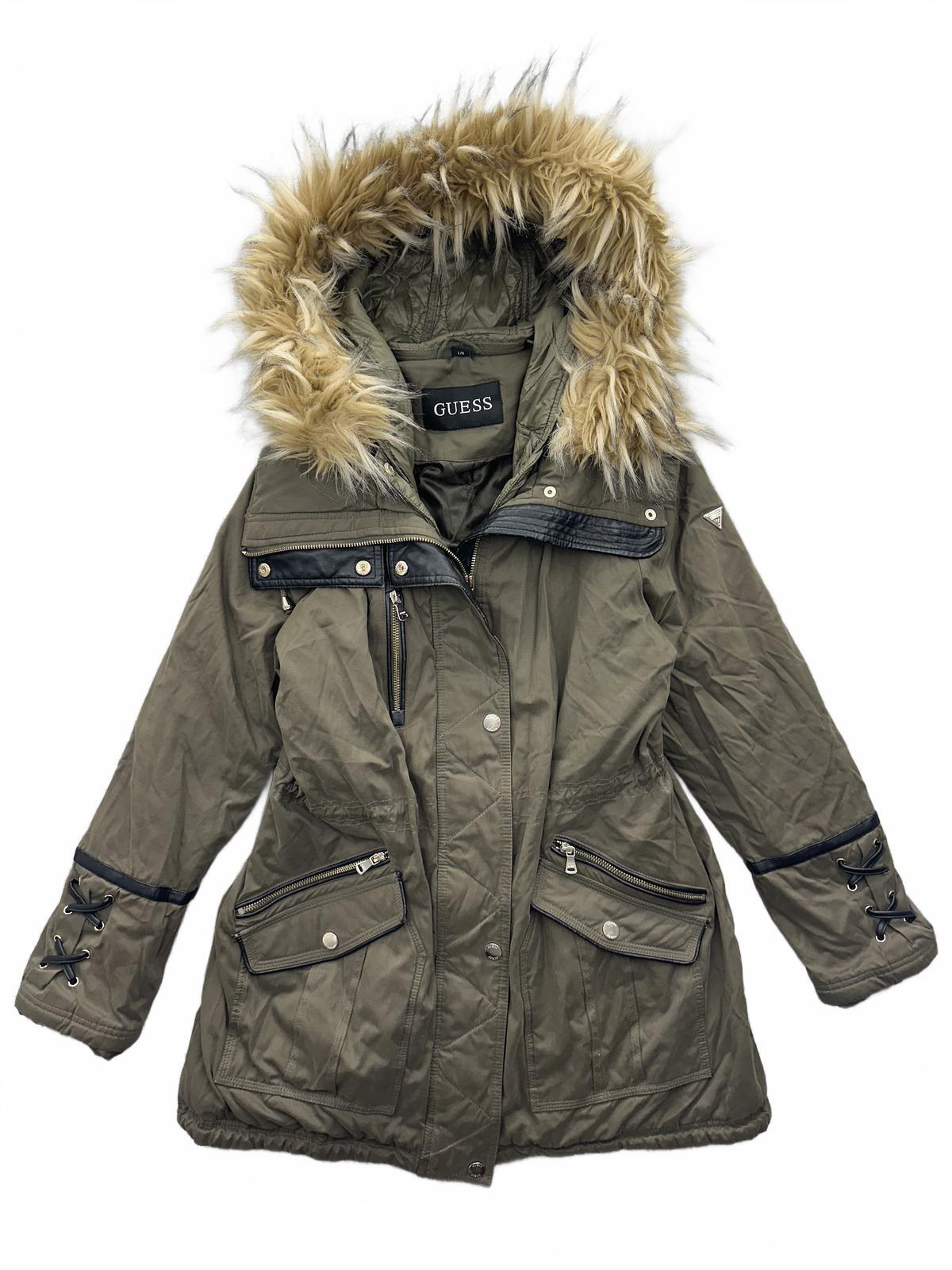 GUESS Olive Green Y2K Parka Jacket with Faux Fur Hood and Lace Up Sleeve Details