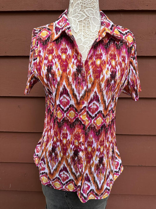 Laura Scott Y2K Ikat Print Short Sleeve Button Front Blouse Top