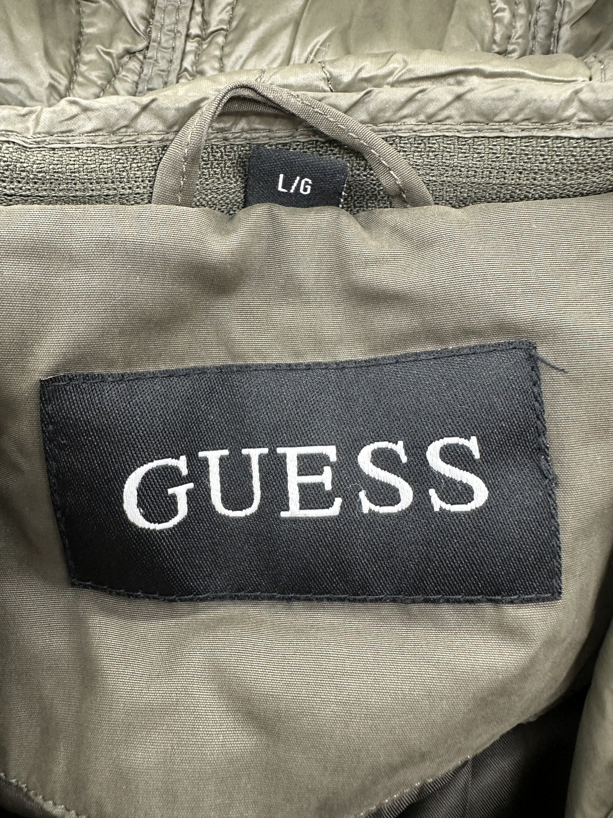 GUESS Olive Green Y2K Parka Jacket with Faux Fur Hood and Lace Up Sleeve Details