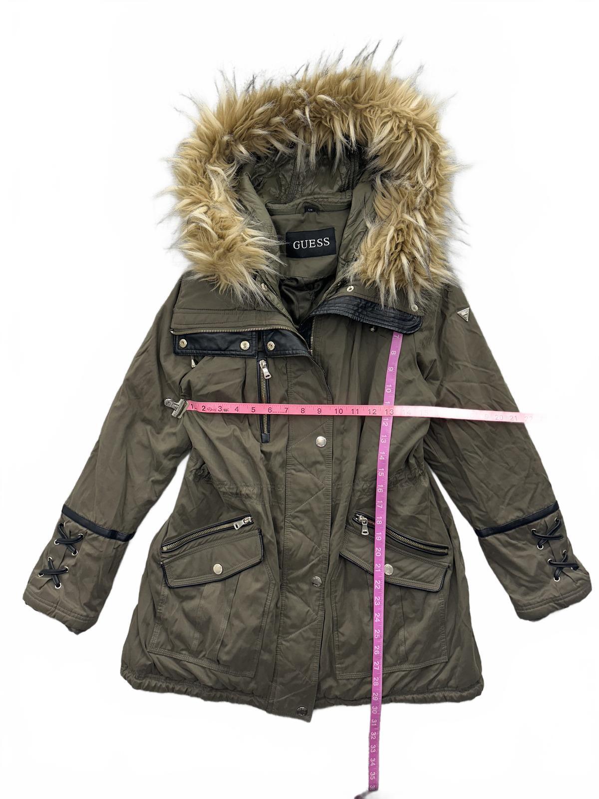 GUESS Olive Green Y2K Parka Jacket with Faux Fur Hood and Lace Up Sleeve Details