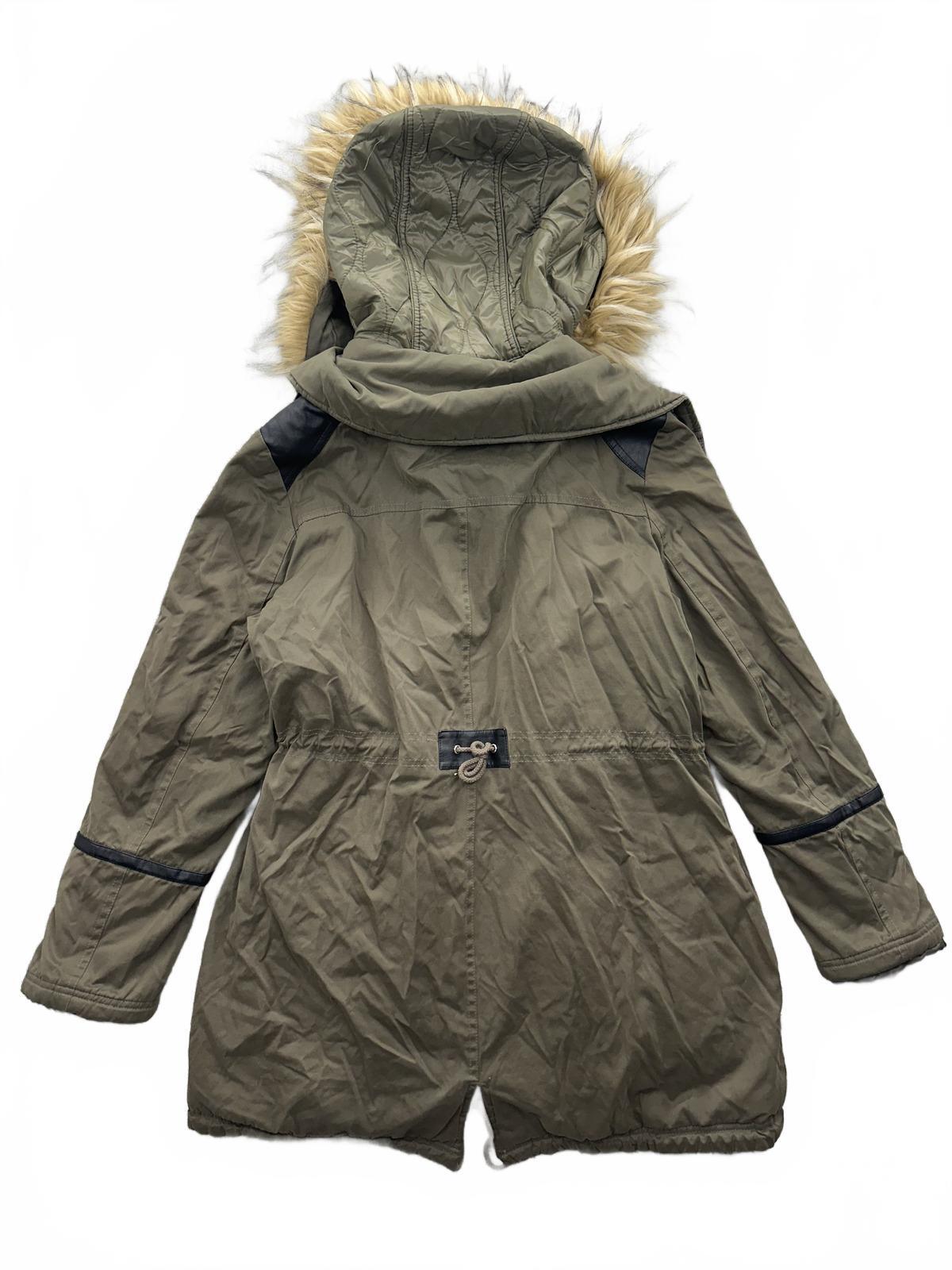GUESS Olive Green Y2K Parka Jacket with Faux Fur Hood and Lace Up Sleeve Details