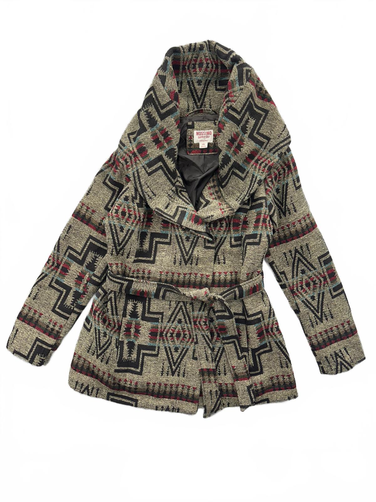 Mossimo Supply Co Aztec Pattern Hooded Coat with Waist Tie Beige Black Boho