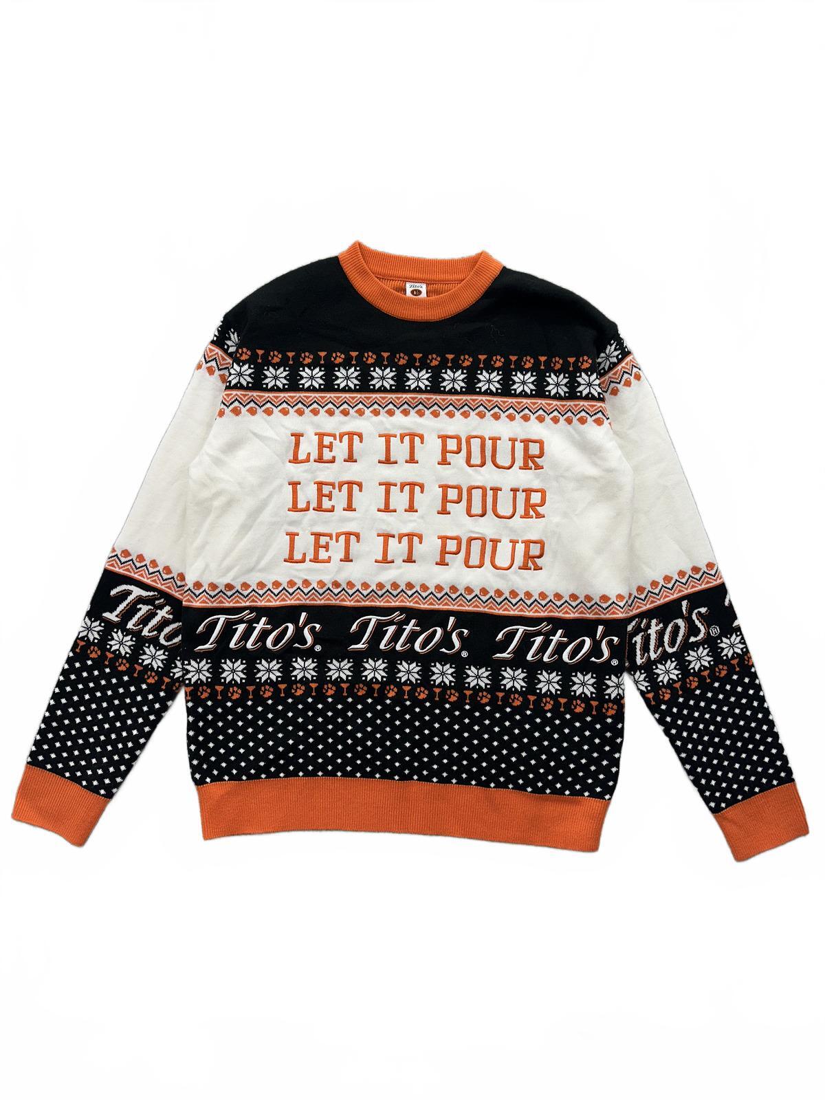 Tito's Handmade Vodka Let It Pour Holiday Sweater Black Orange Knit