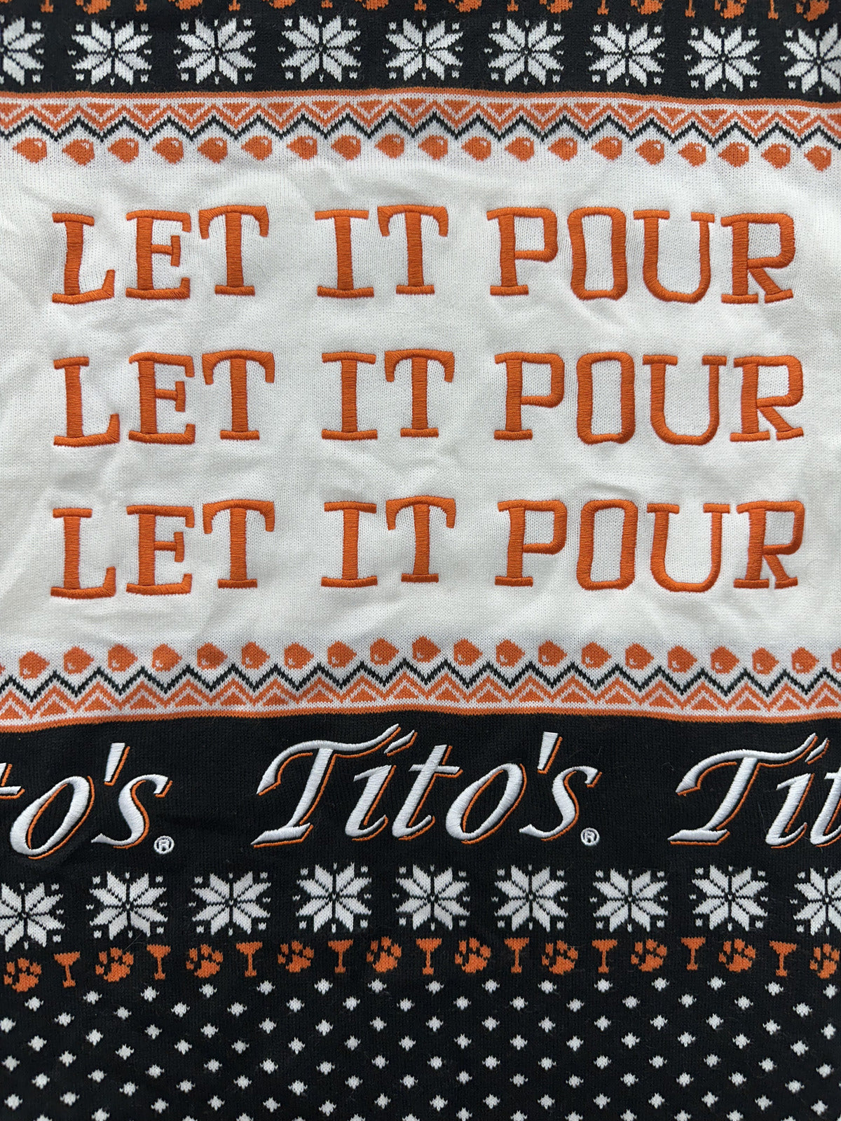 Tito's Handmade Vodka Let It Pour Holiday Sweater Black Orange Knit