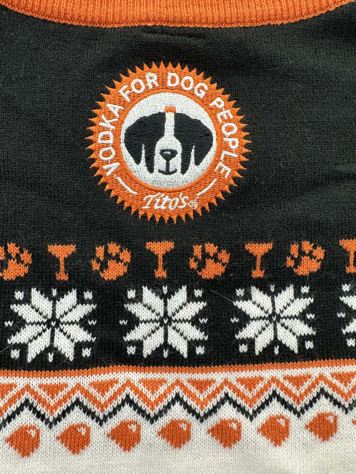 Tito's Handmade Vodka Let It Pour Holiday Sweater Black Orange Knit