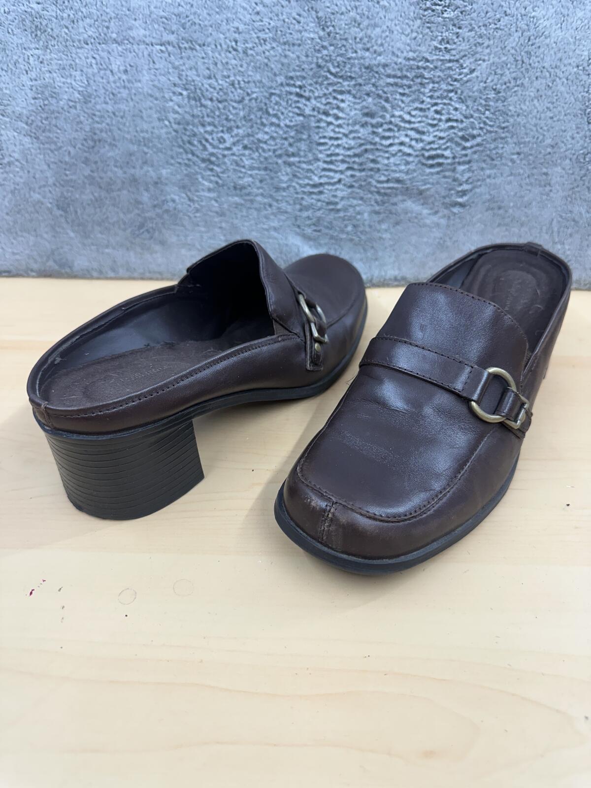 Croft & Barrow Brown Leather Mule Clogs Chunky Block Heel Buckle Strap