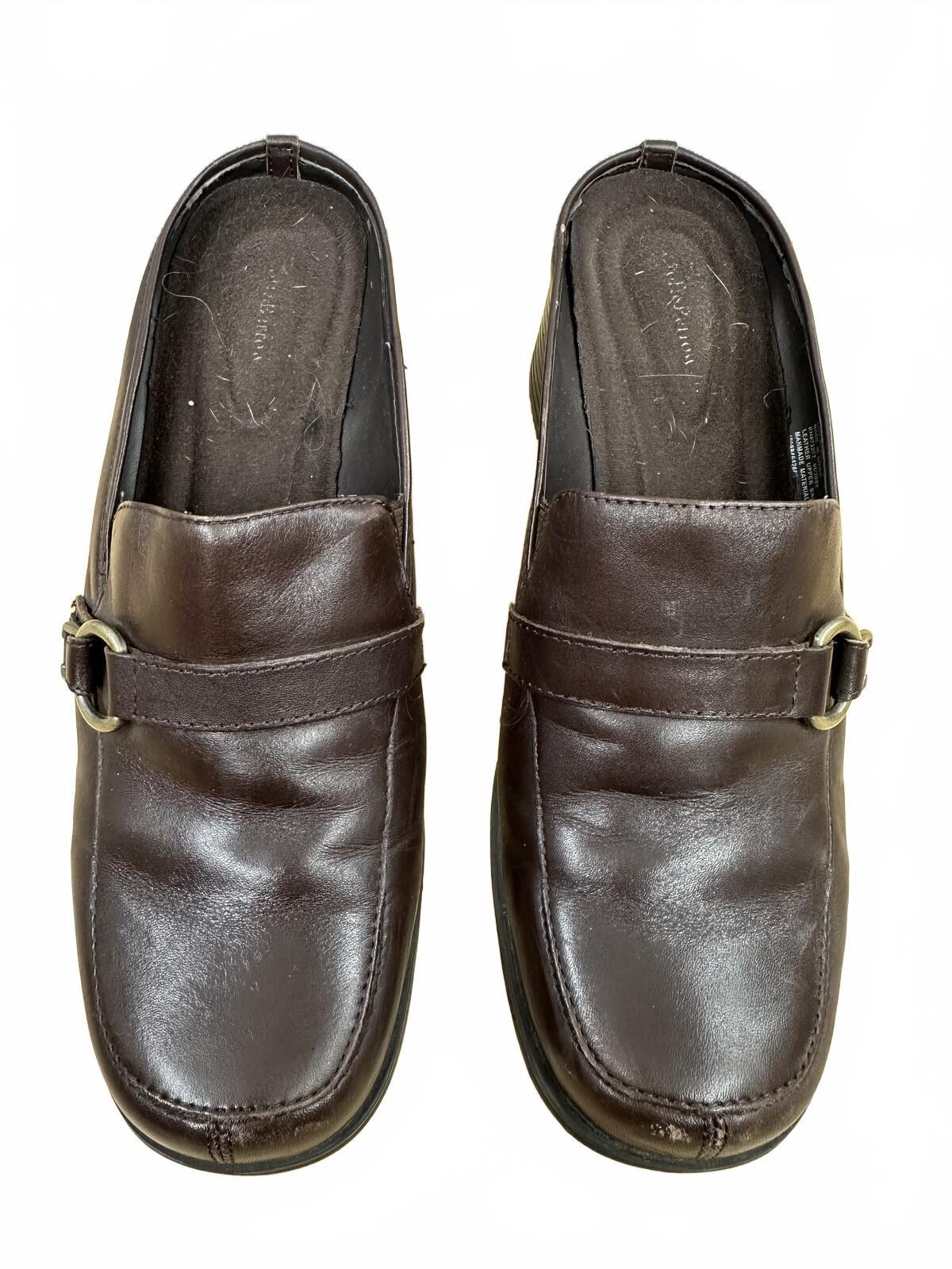 Croft & Barrow Brown Leather Mule Clogs Chunky Block Heel Buckle Strap