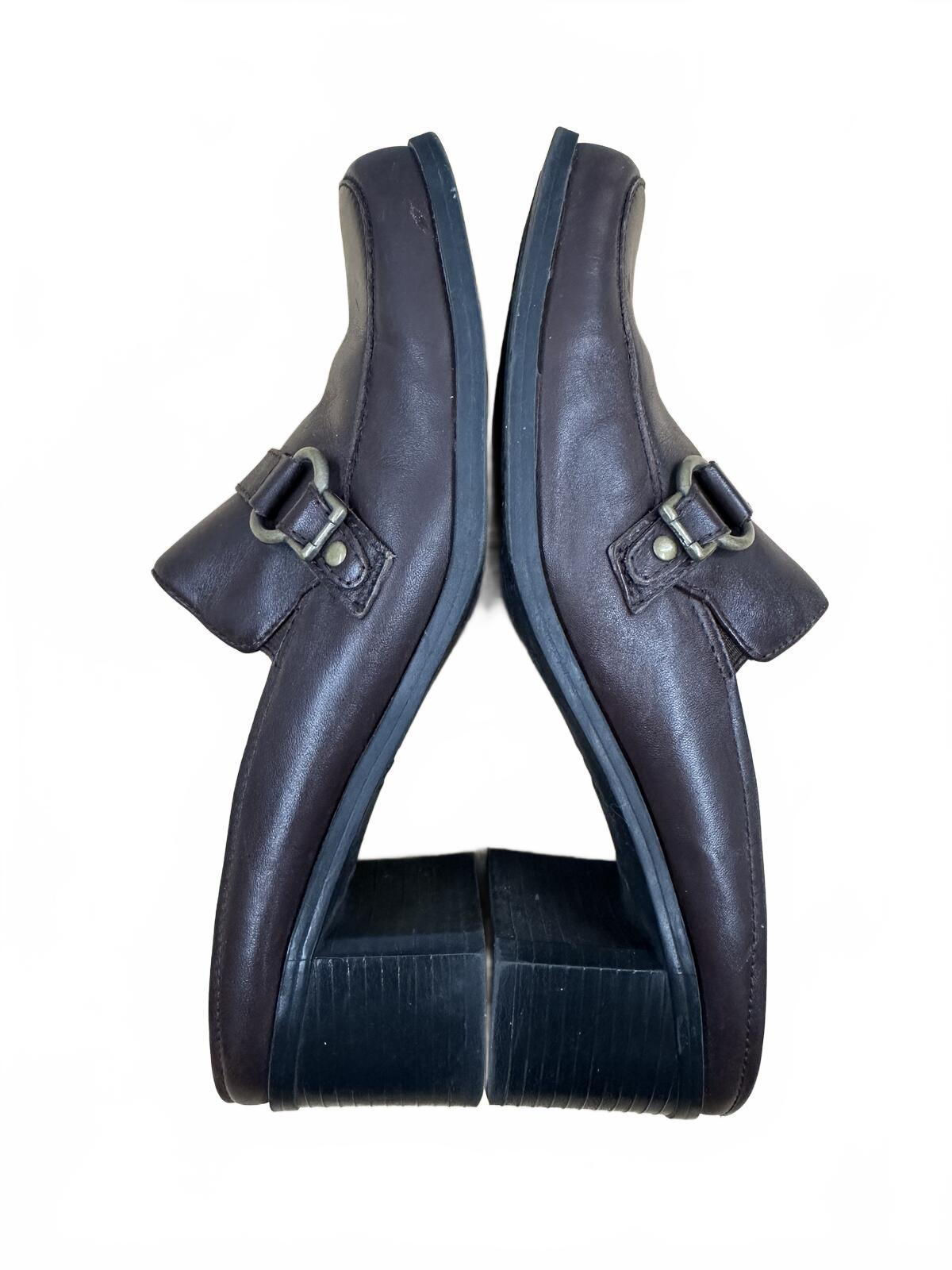 Croft & Barrow Brown Leather Mule Clogs Chunky Block Heel Buckle Strap